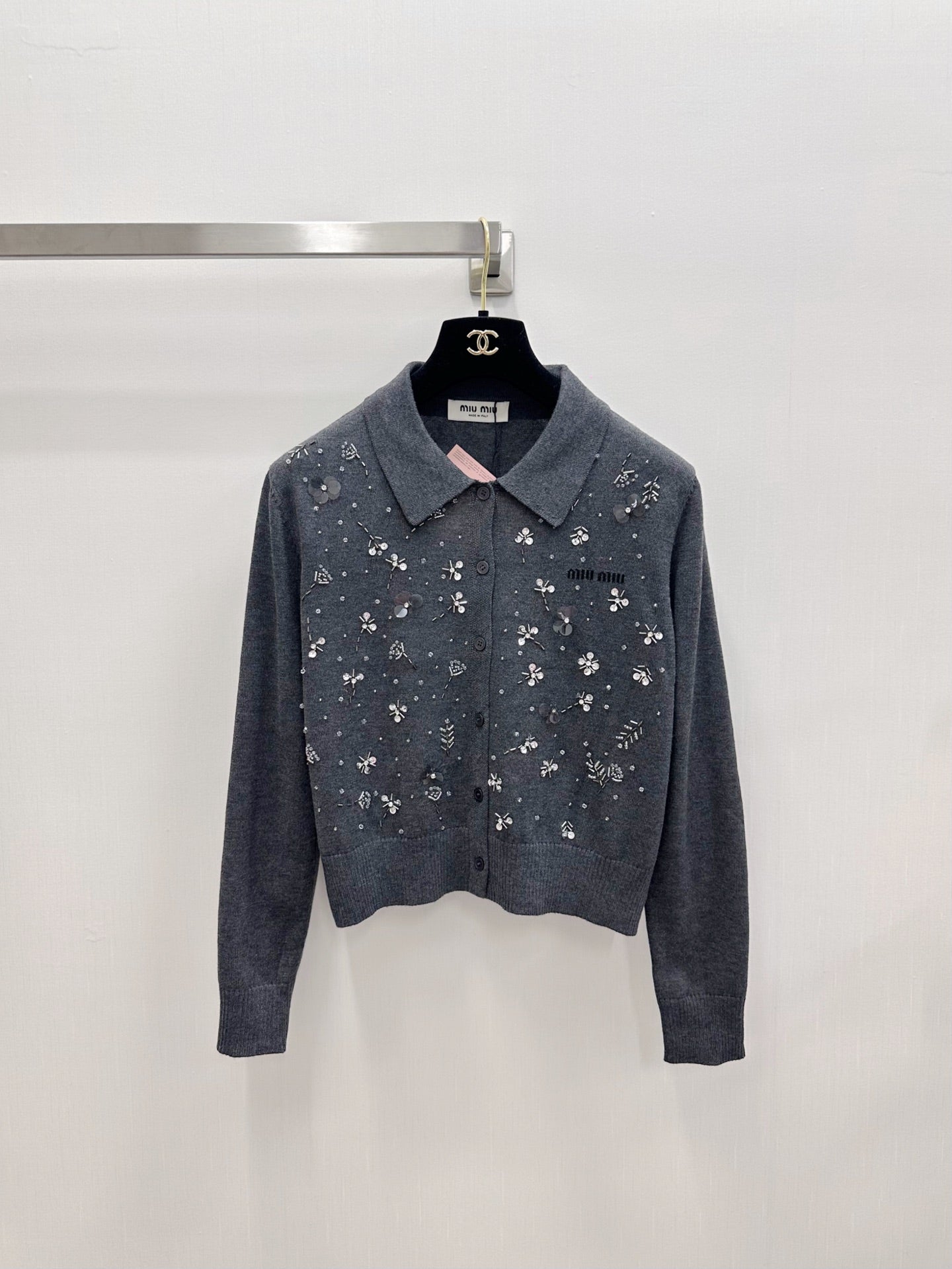 Miumiu 2026 Heavy Sequined Cardigan with Logo Pattern Embellishment Wool 838810