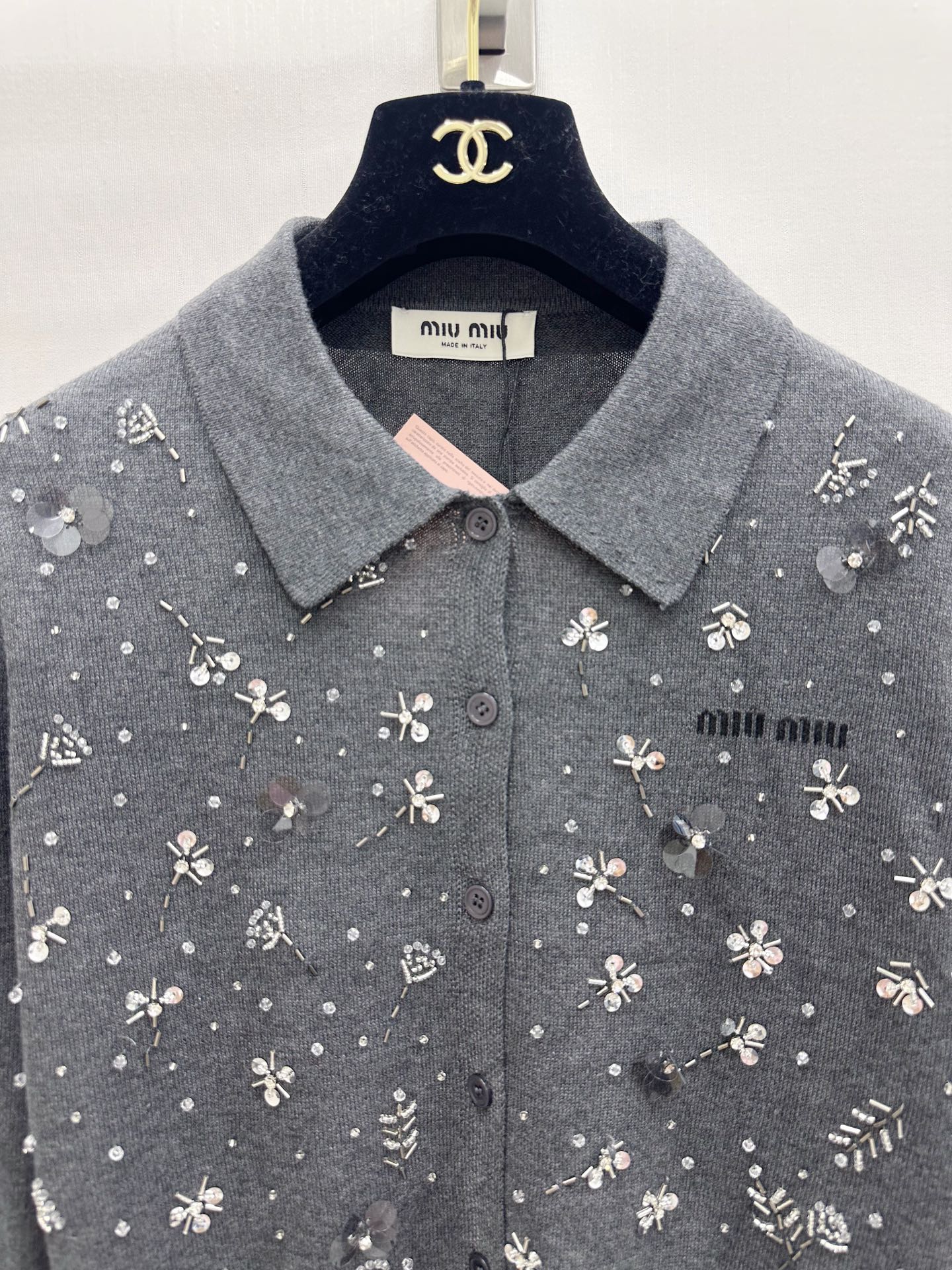 Miumiu 2026 Heavy Sequined Cardigan with Logo Pattern Embellishment Wool 838810