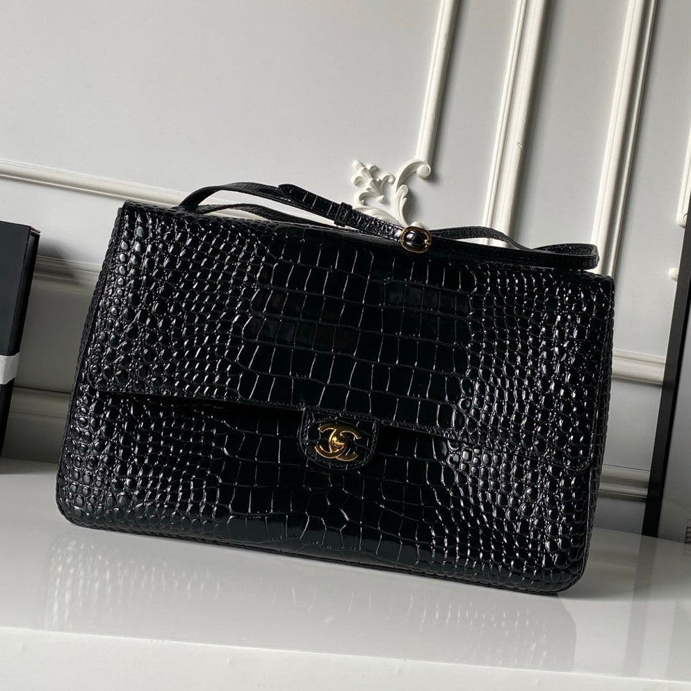 Chanel 2026 Crocodile Embossed Maxi Bag 39cm Black Calfskin