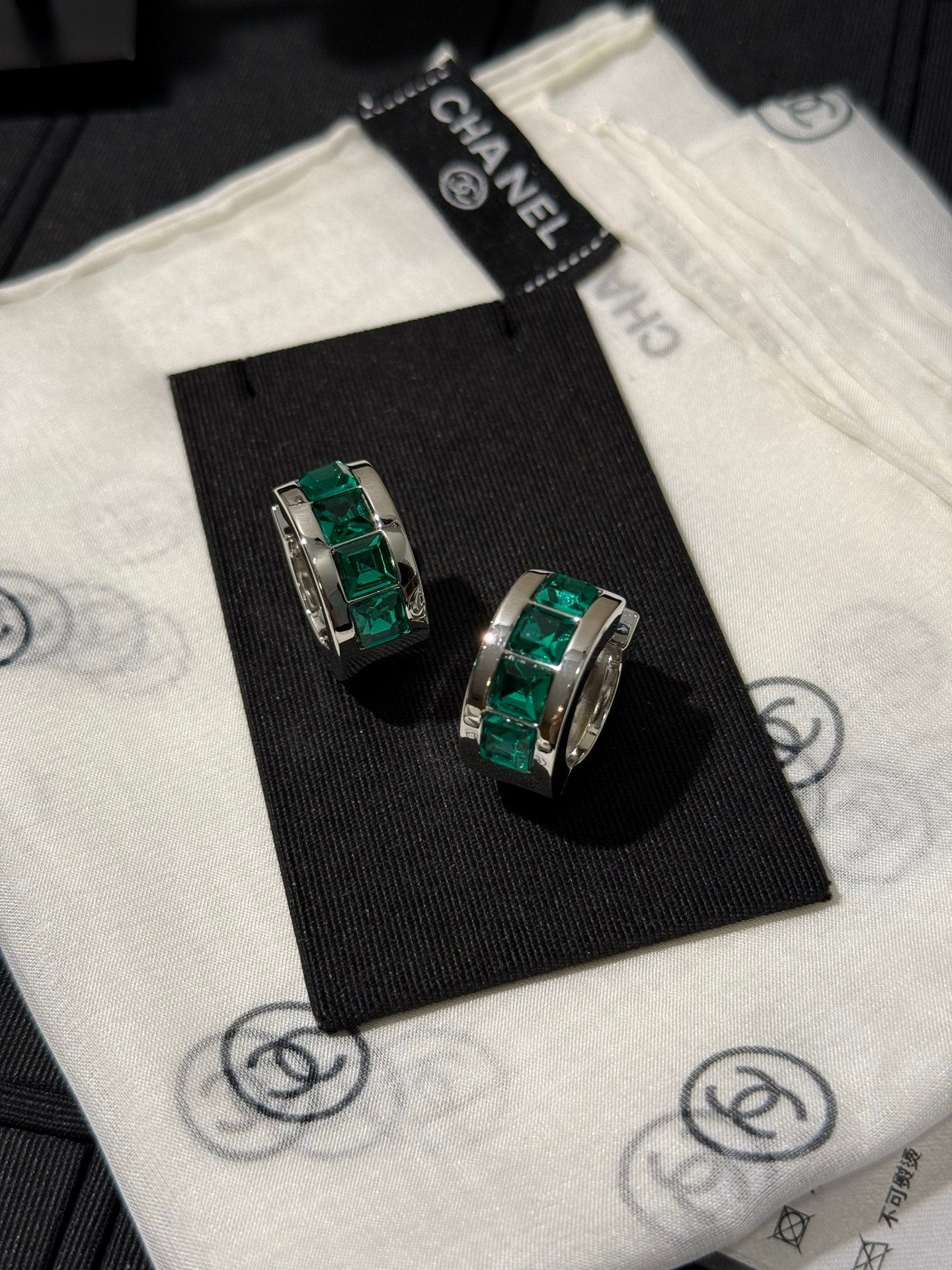 Chanel 2026 Emerald Square Diamond Silver Double C Hoop Earrings Stud Earrings
