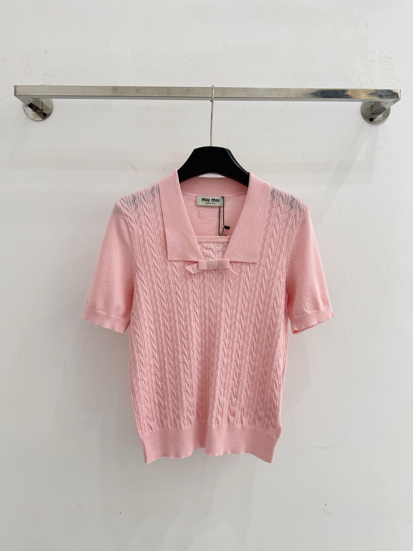 Miumiu 2026 Collared Bow Cable Knit Short-Sleeve T-Shirt Wool 513865