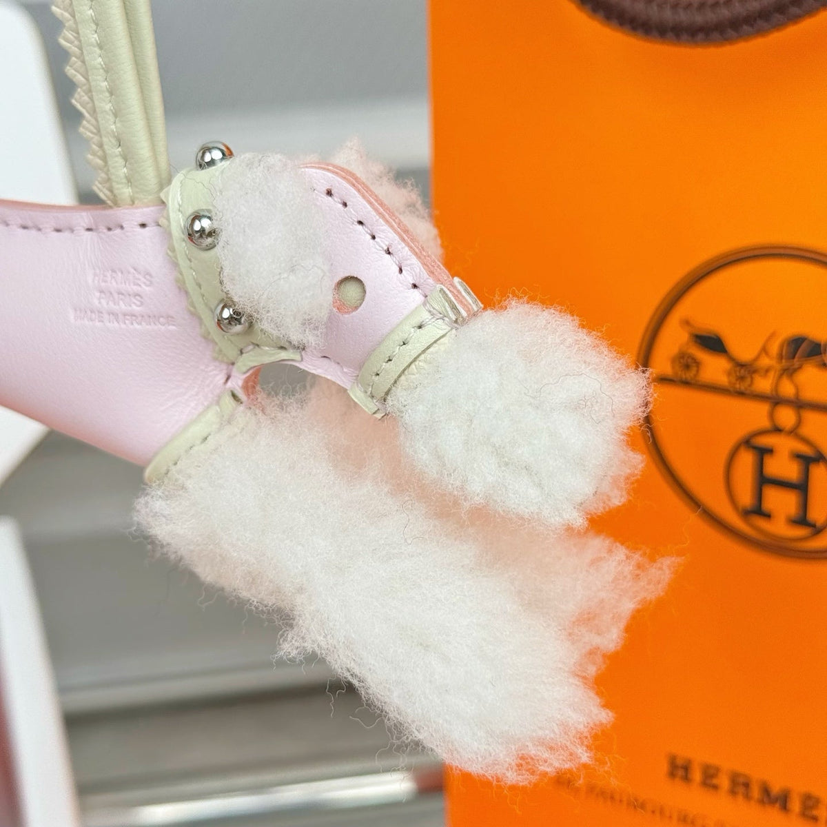 HM Budy Puppy Pendant Charm White Pink Wool Cowhide