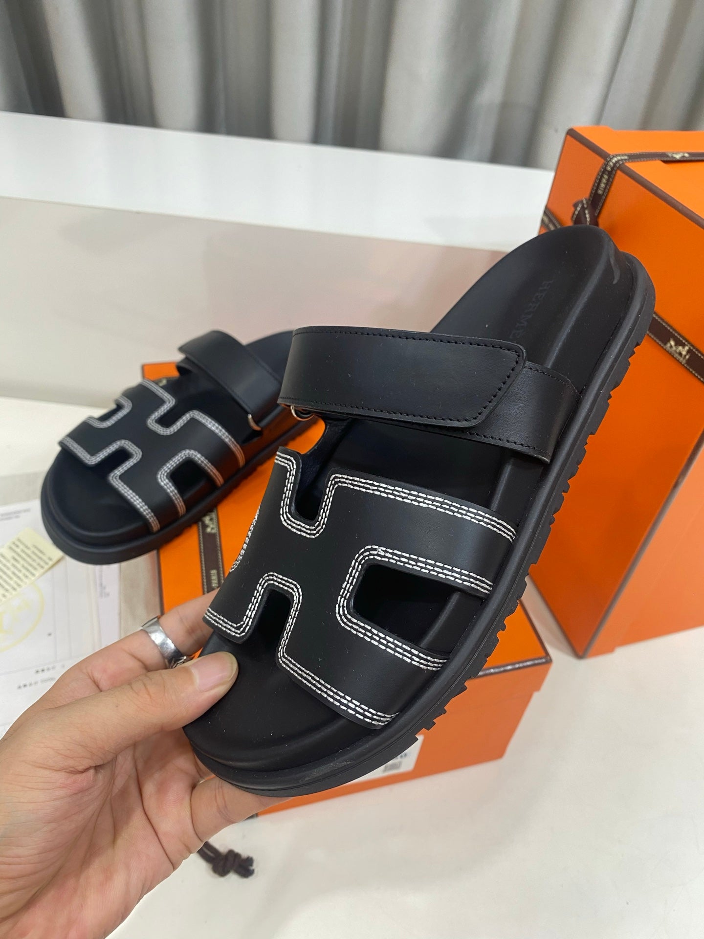 Hermes 2026 Chypre Sandal Black Mix White Stitched Calfskin 957546