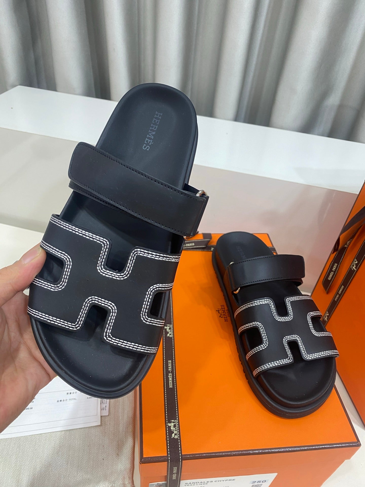 Hermes 2026 Chypre Sandal Black Mix White Stitched Calfskin 957546