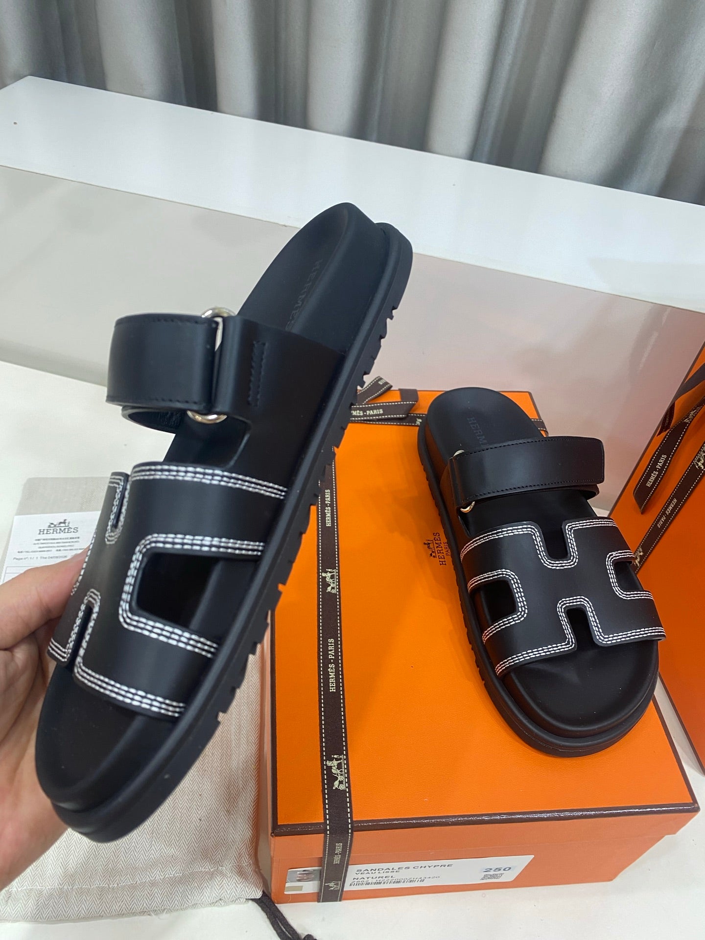 Hermes 2026 Chypre Sandal Black Mix White Stitched Calfskin 957546