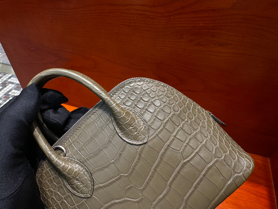 High-end Hermes 2026 Mini Bolide 18cm Olive Green Crocodile Leather