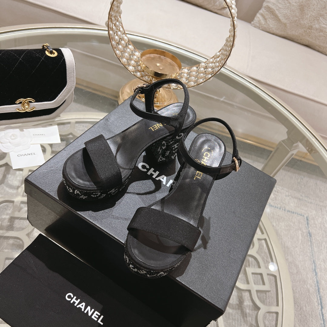 CC 25C 10CM Mid Heed Sandals Black Fabric 213324