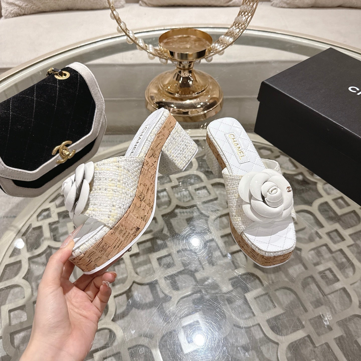 CC 26s Camellia Platform Slippers 65 White Tweed Leather 627054