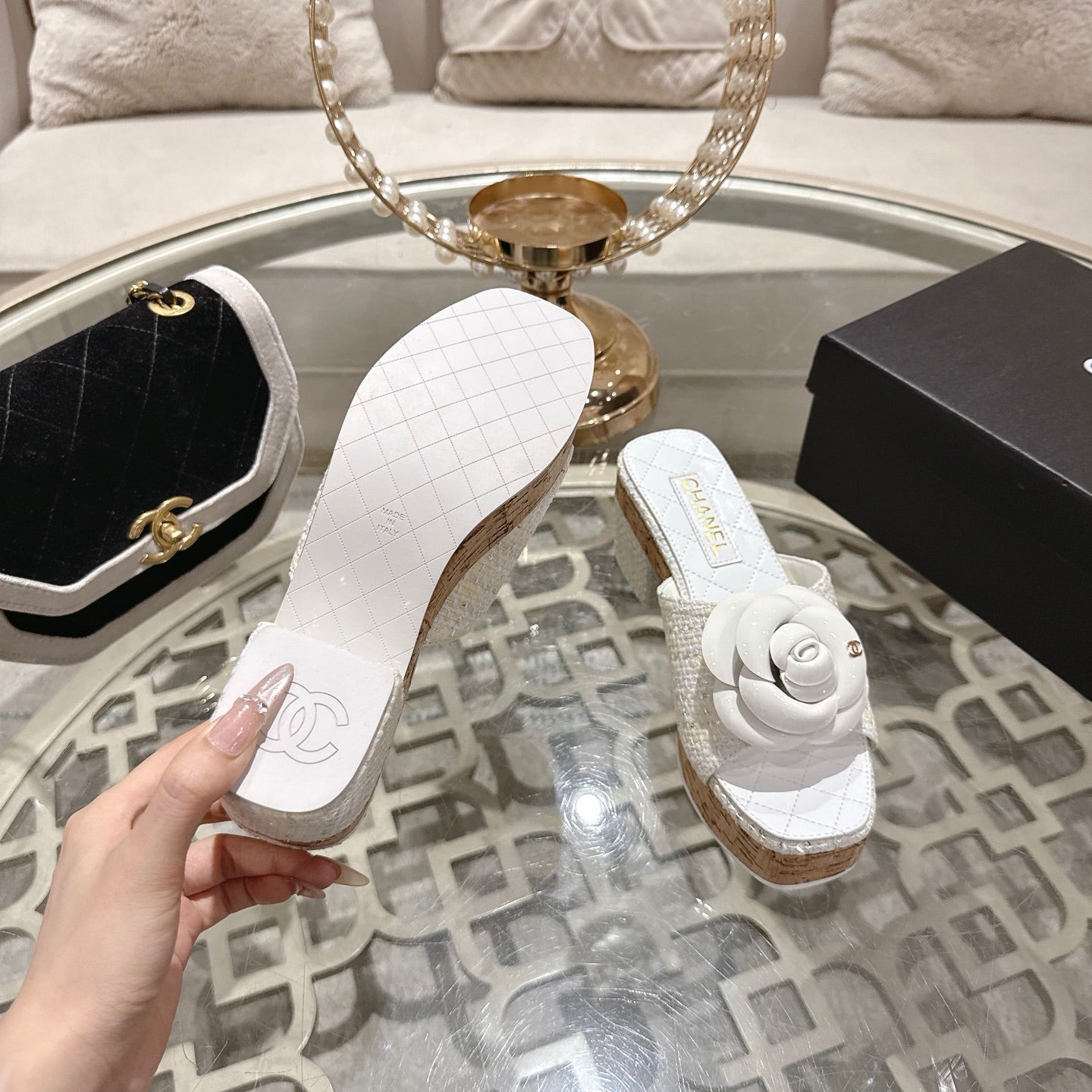 CC 26s Camellia Platform Slippers 65 White Tweed Leather 627054