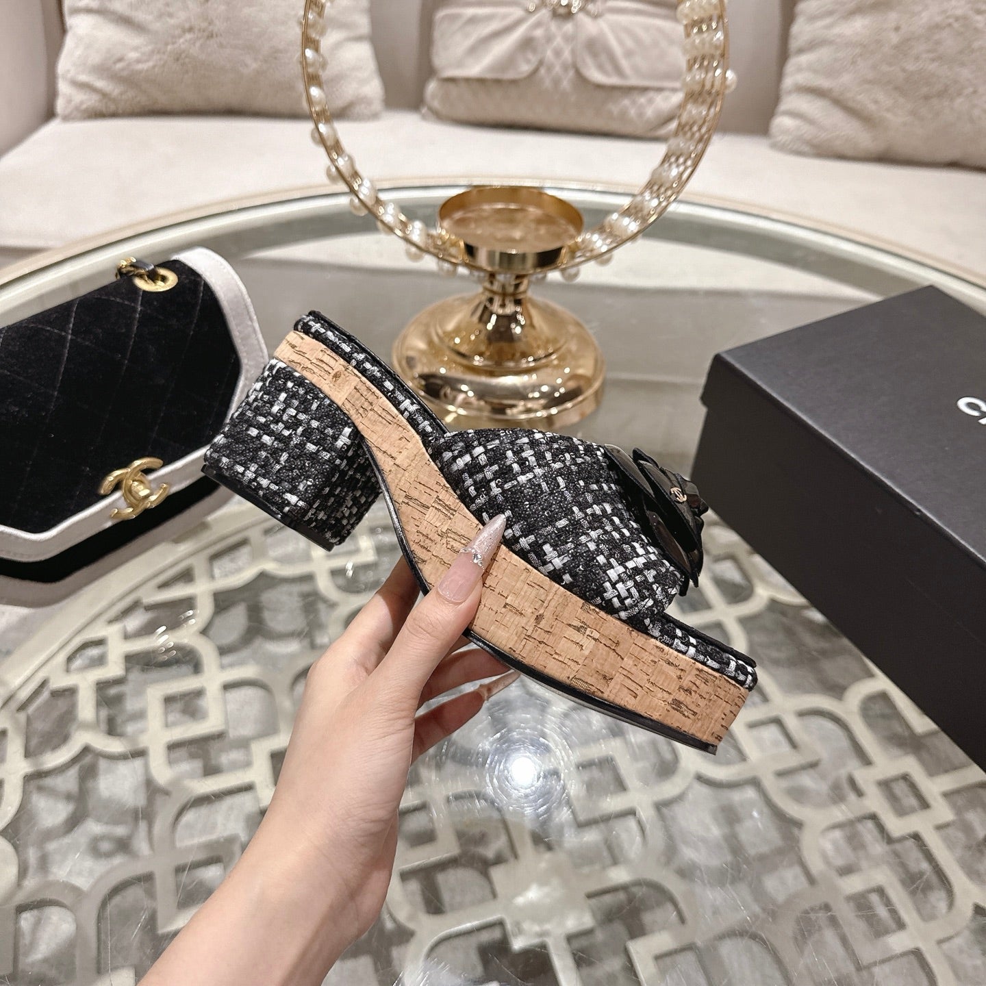 CC 26s Camellia Platform Slippers 65 Black White Tweed Leather 627055