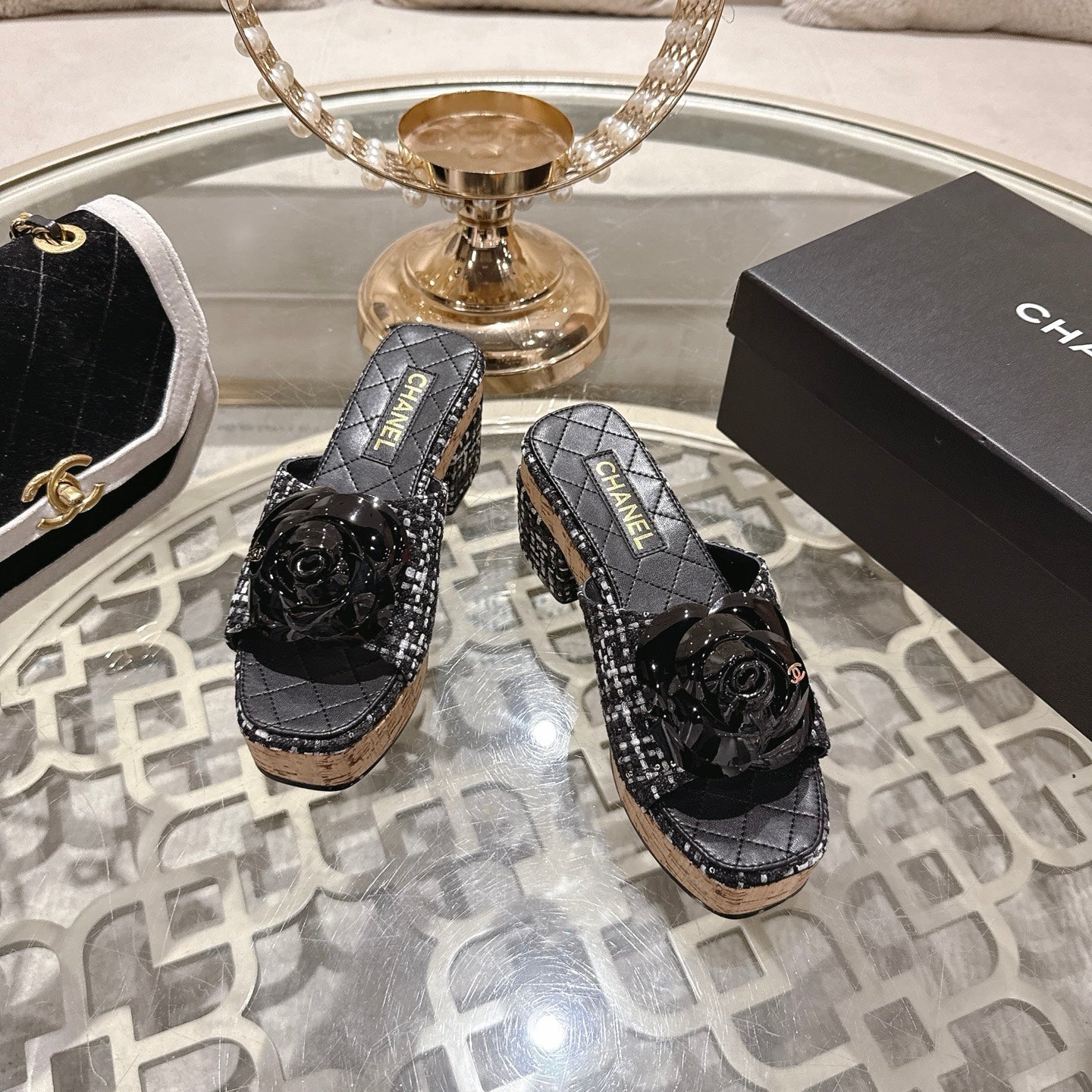 CC 26s Camellia Platform Slippers 65 Black White Tweed Leather 627055