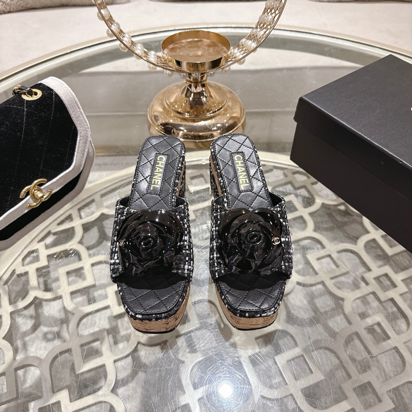 CC 26s Camellia Platform Slippers 65 Black White Tweed Leather 627055