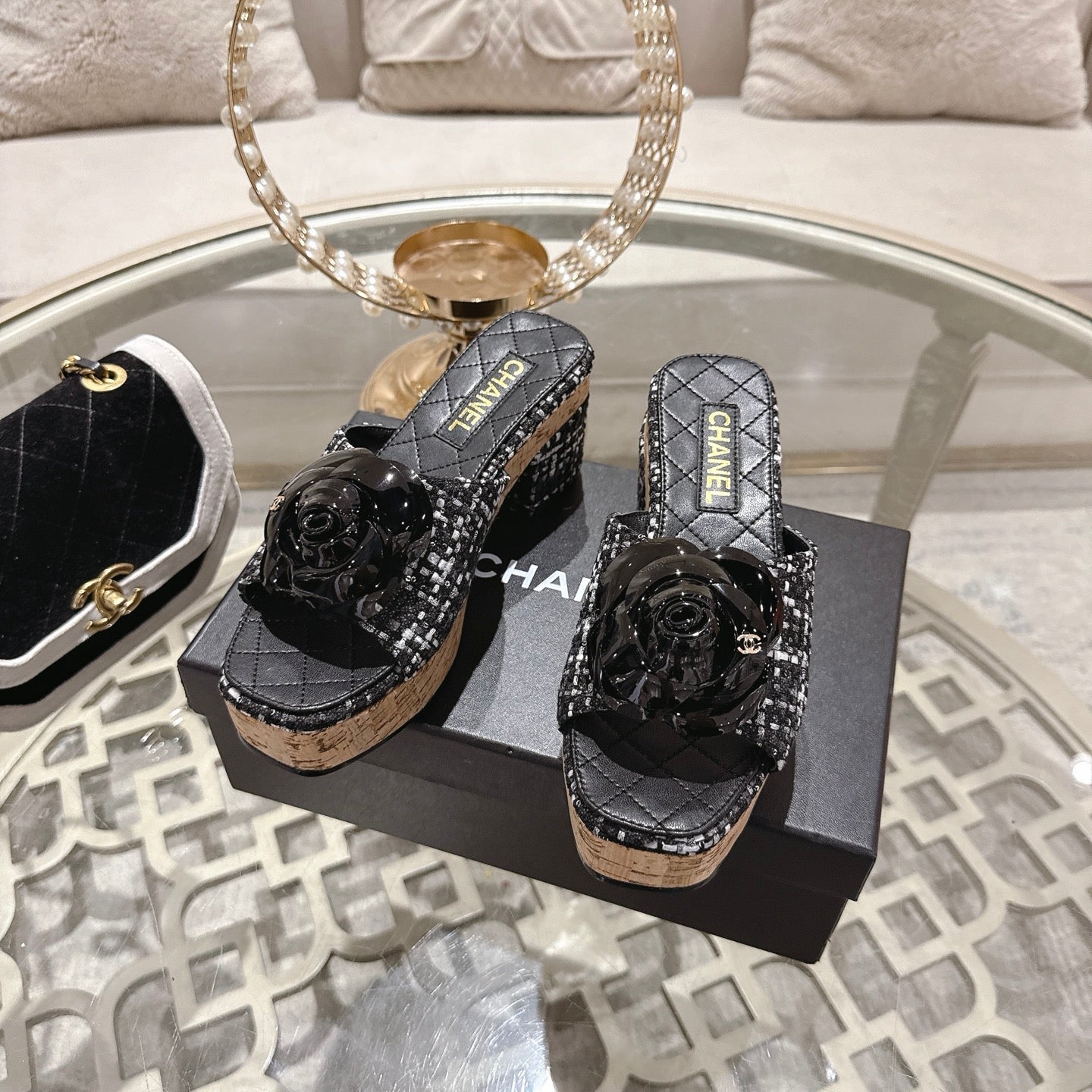 CC 26s Camellia Platform Slippers 65 Black White Tweed Leather 627055