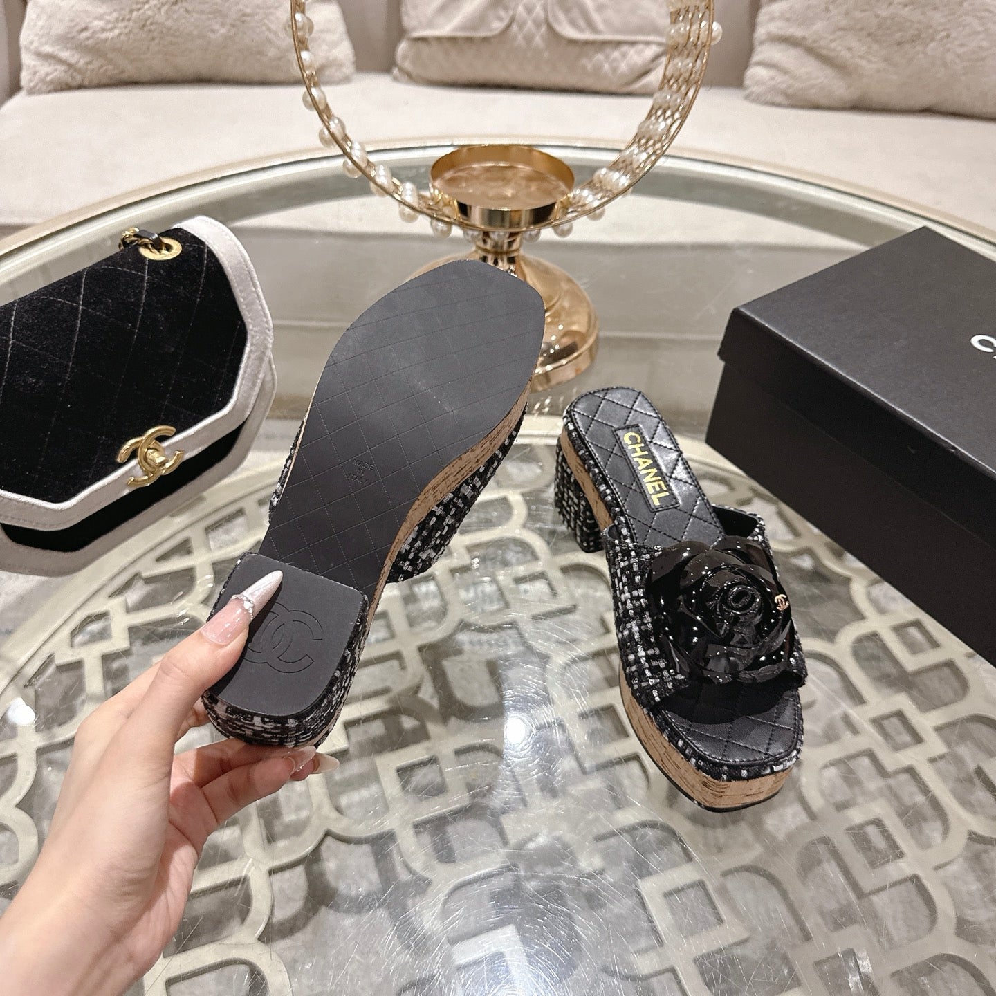 CC 26s Camellia Platform Slippers 65 Black White Tweed Leather 627055