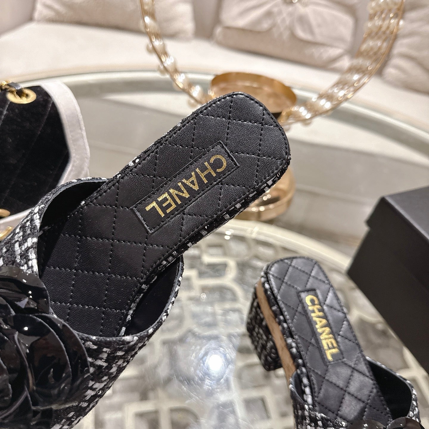 CC 26s Camellia Platform Slippers 65 Black White Tweed Leather 627055