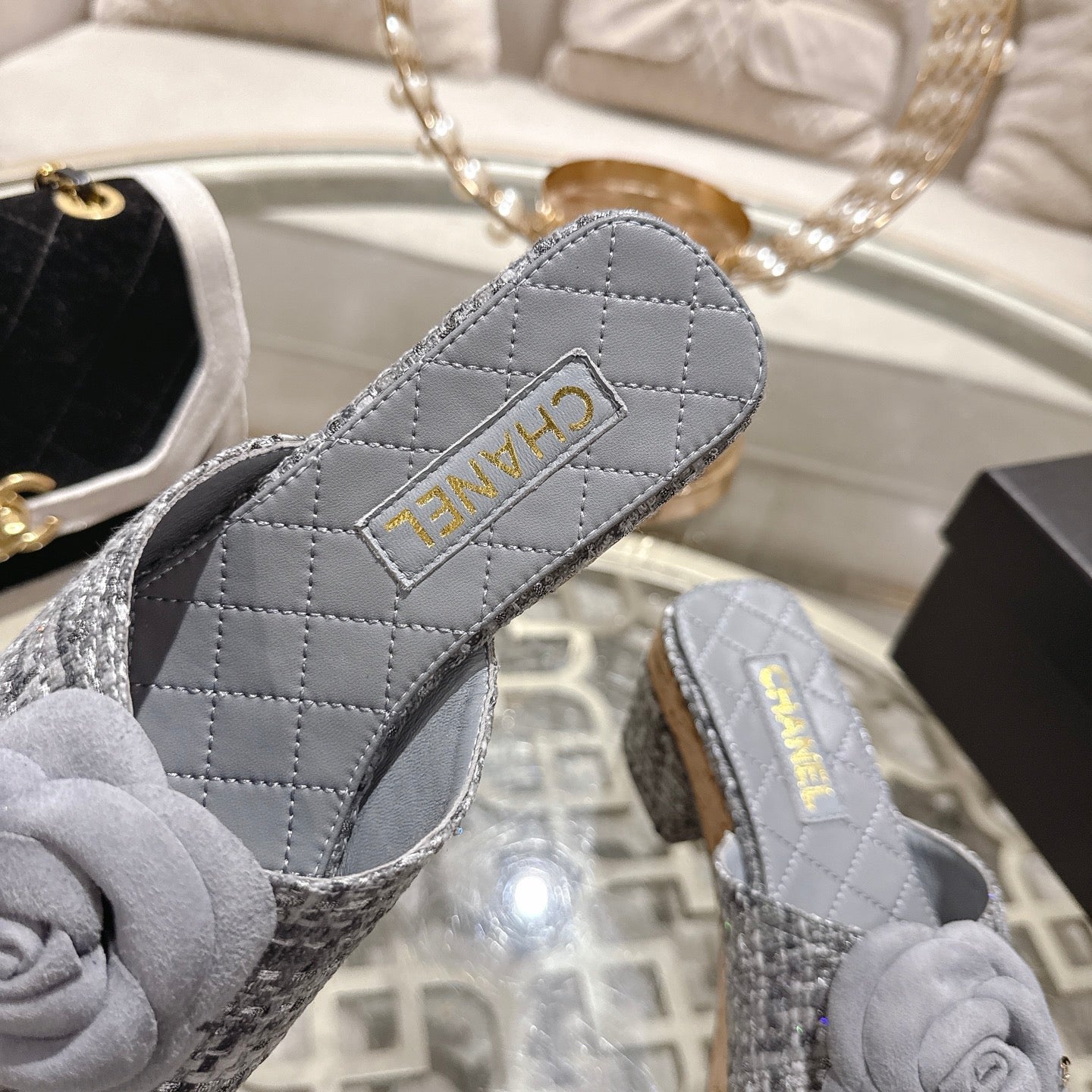 CC 26s Camellia Platform Slippers 65 Light Blue Grey Tweed Leather 627056