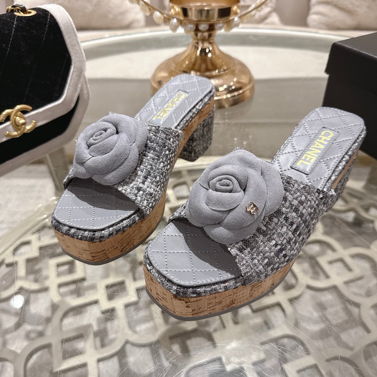 CC 26s Camellia Platform Slippers 65 Light Blue Grey Tweed Leather 627056