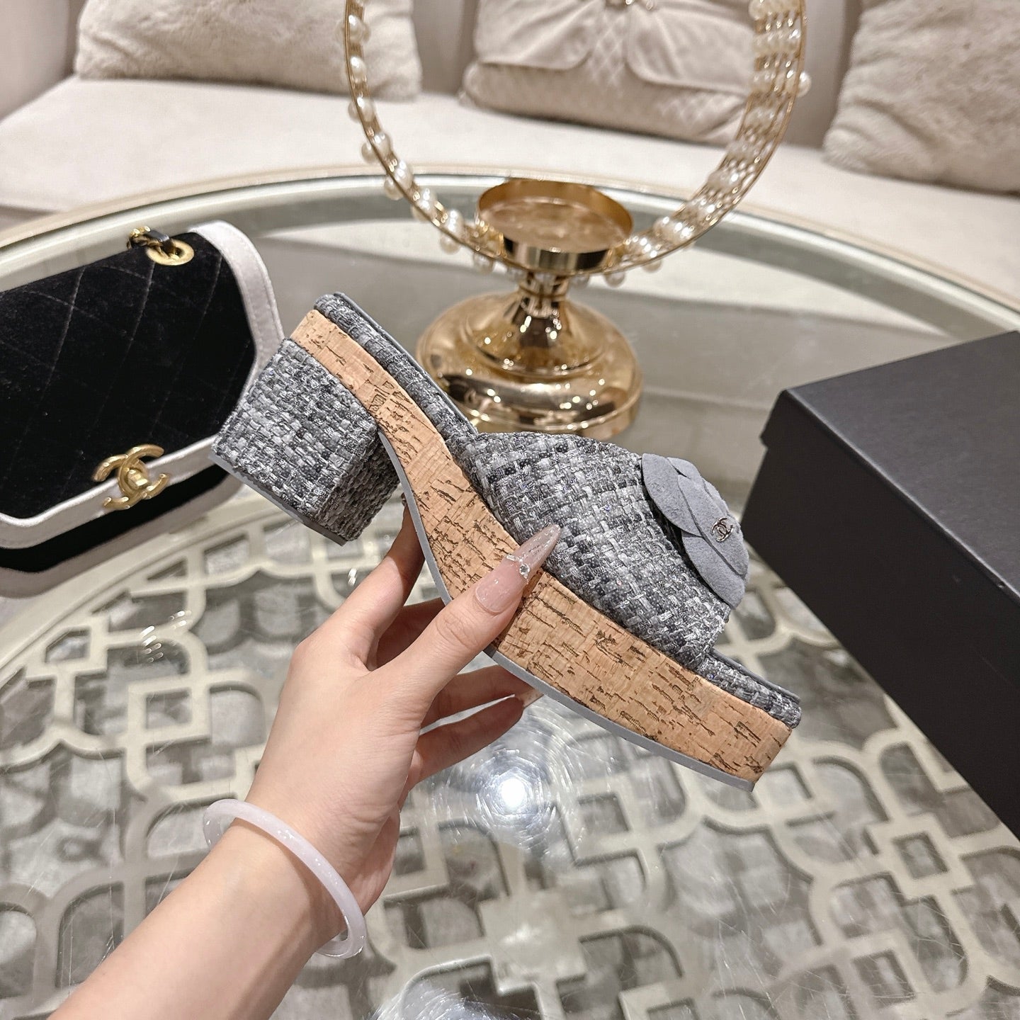 CC 26s Camellia Platform Slippers 65 Light Blue Grey Tweed Leather 627056