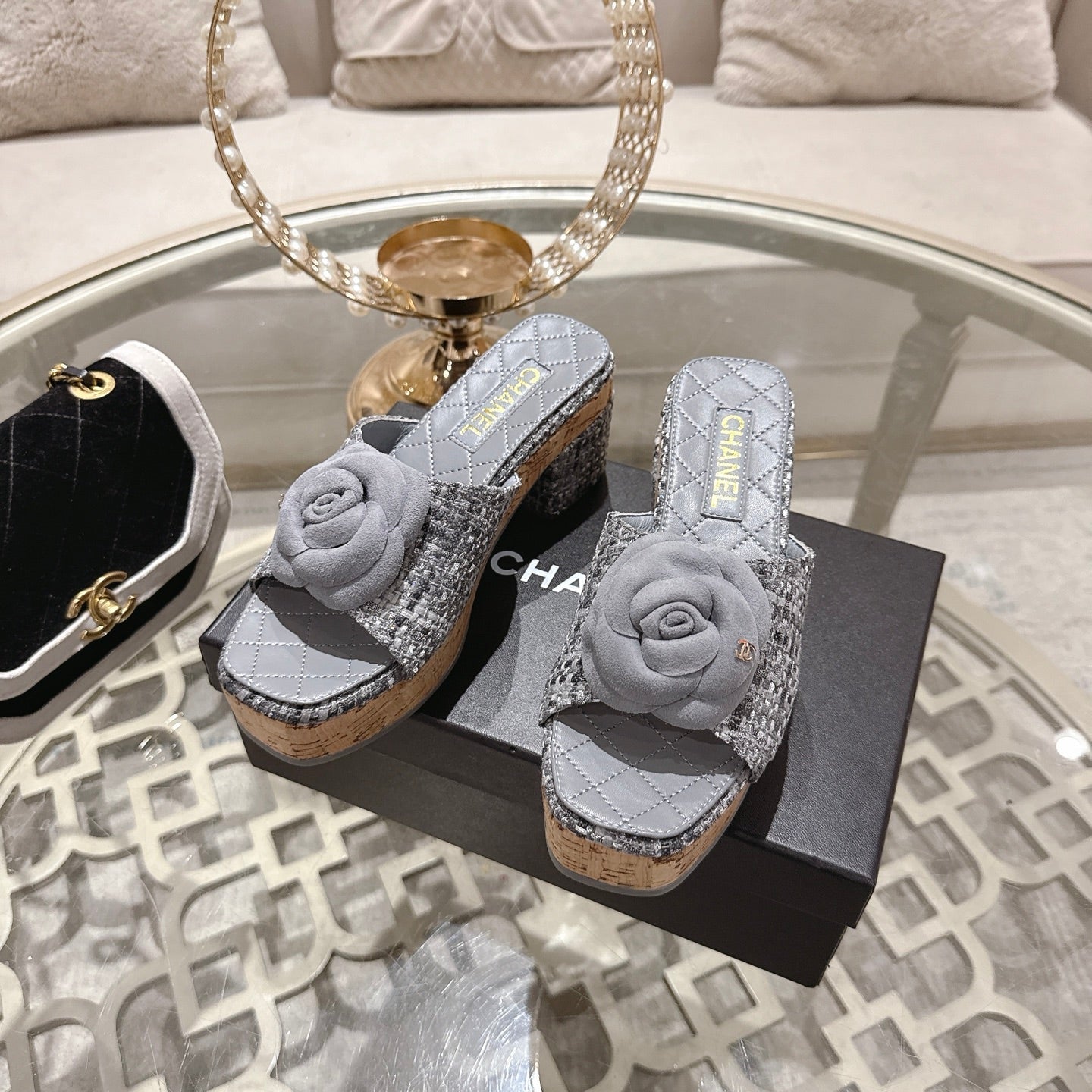 CC 26s Camellia Platform Slippers 65 Light Blue Grey Tweed Leather 627056