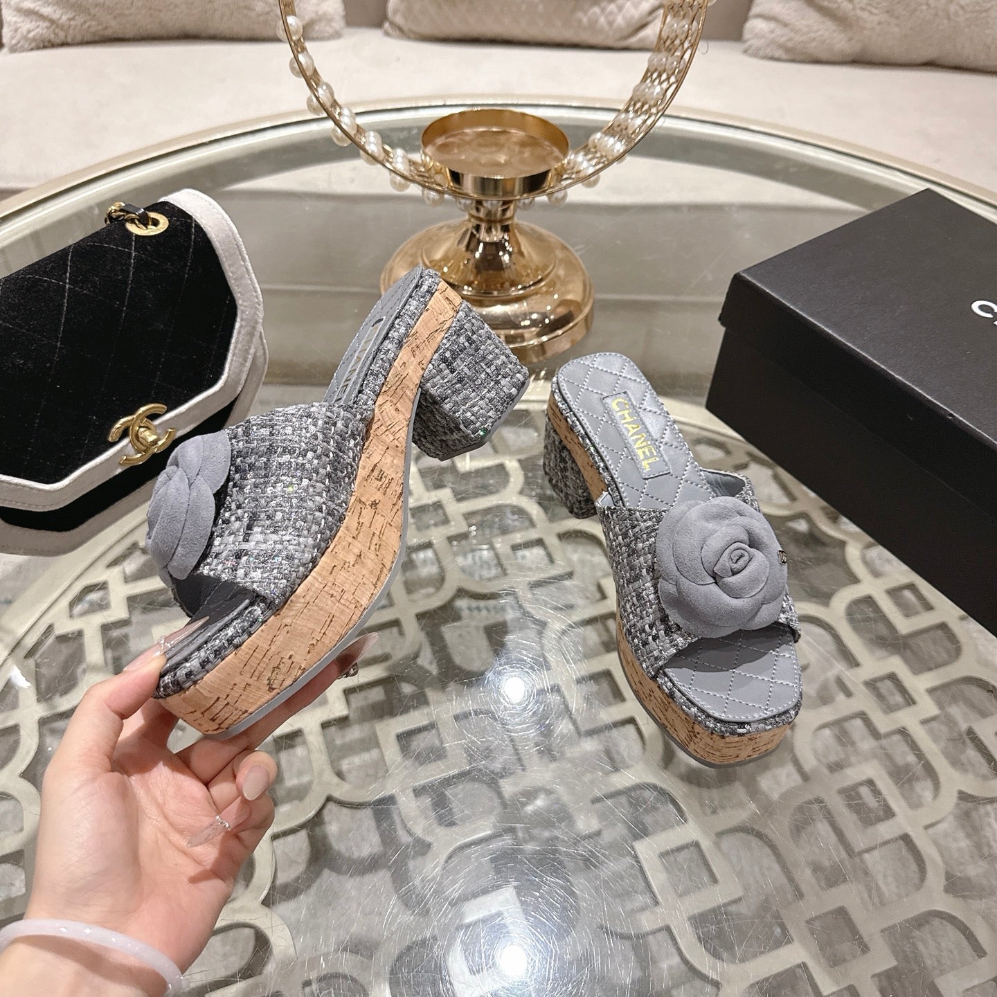 CC 26s Camellia Platform Slippers 65 Light Blue Grey Tweed Leather 627056