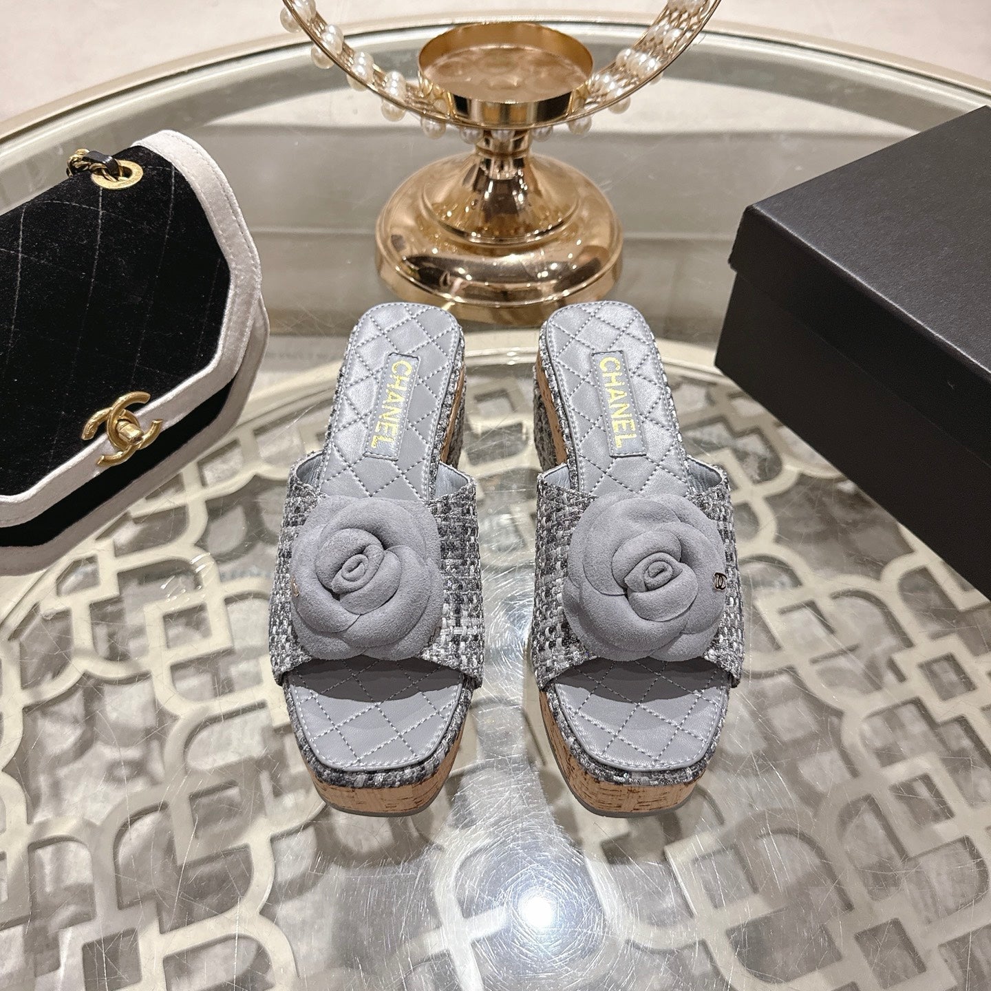 CC 26s Camellia Platform Slippers 65 Light Blue Grey Tweed Leather 627056