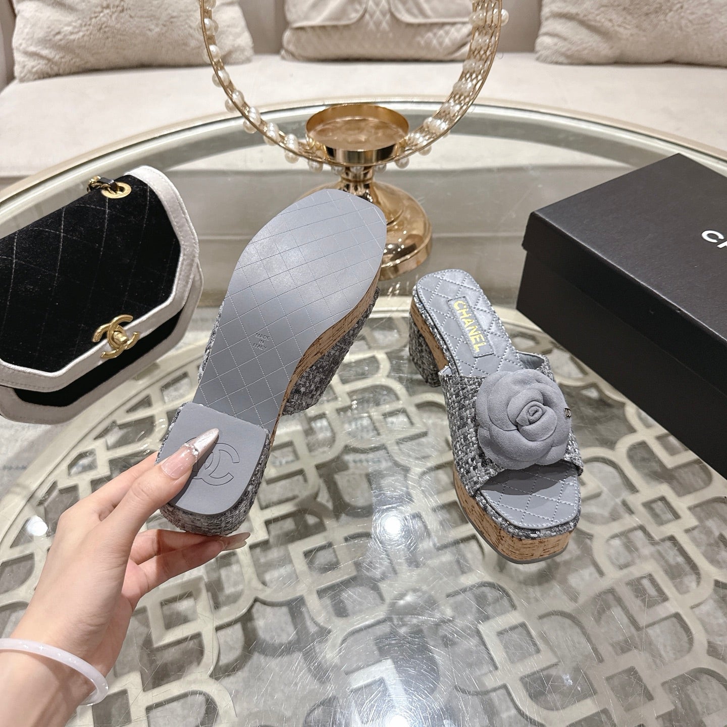 CC 26s Camellia Platform Slippers 65 Light Blue Grey Tweed Leather 627056