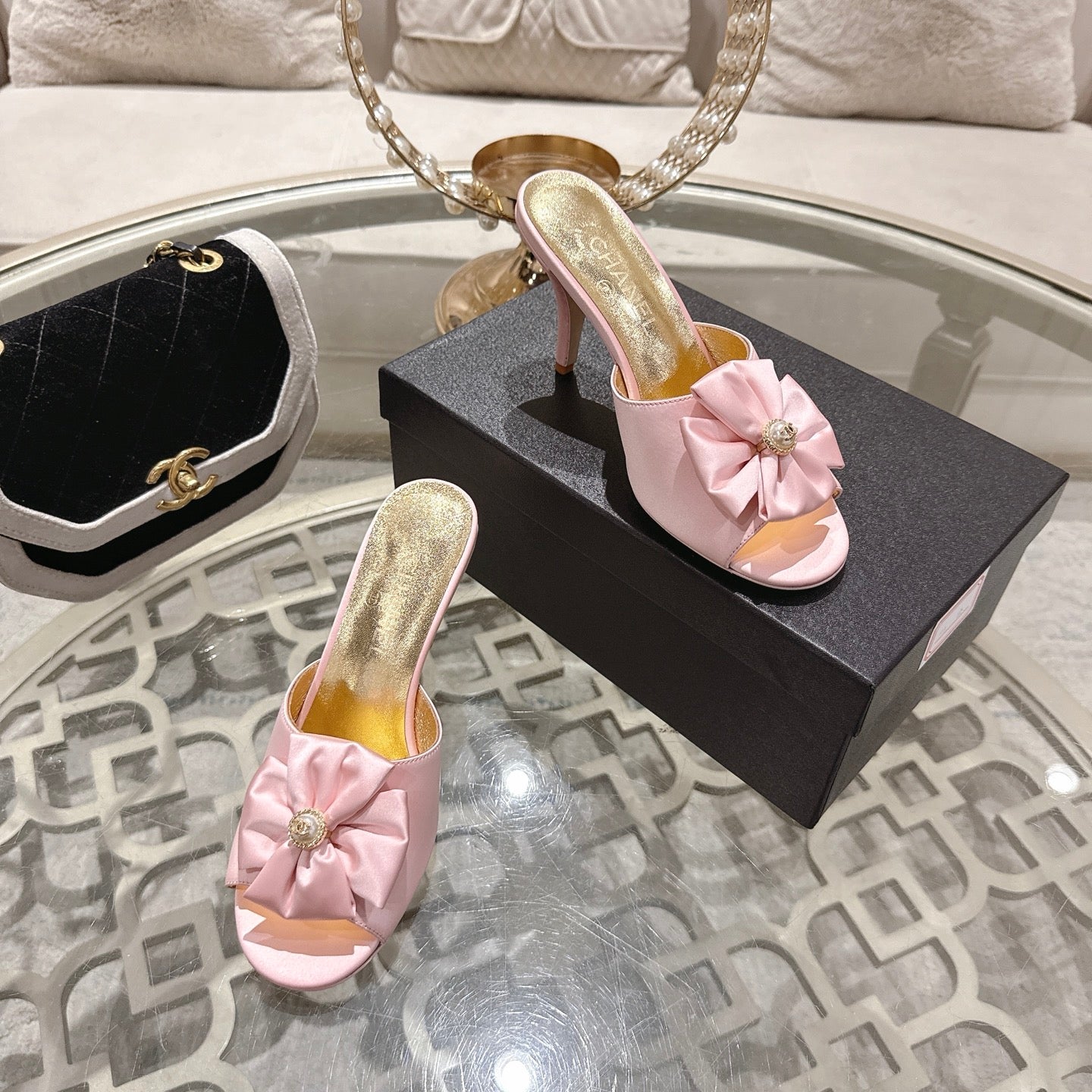 CC 26s Camellia High-Heeled Slippers Pink Gold Sheepskin 627028
