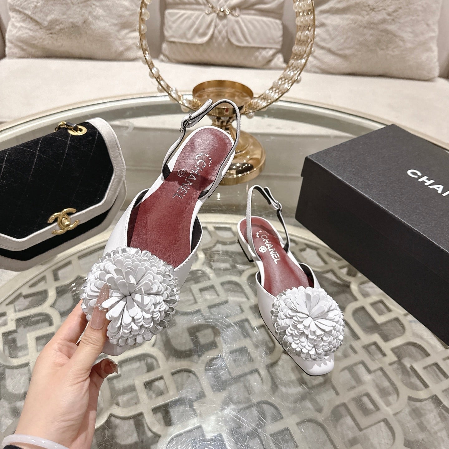 CC 26s Floral Backless Sandals White Sheepskin 627021