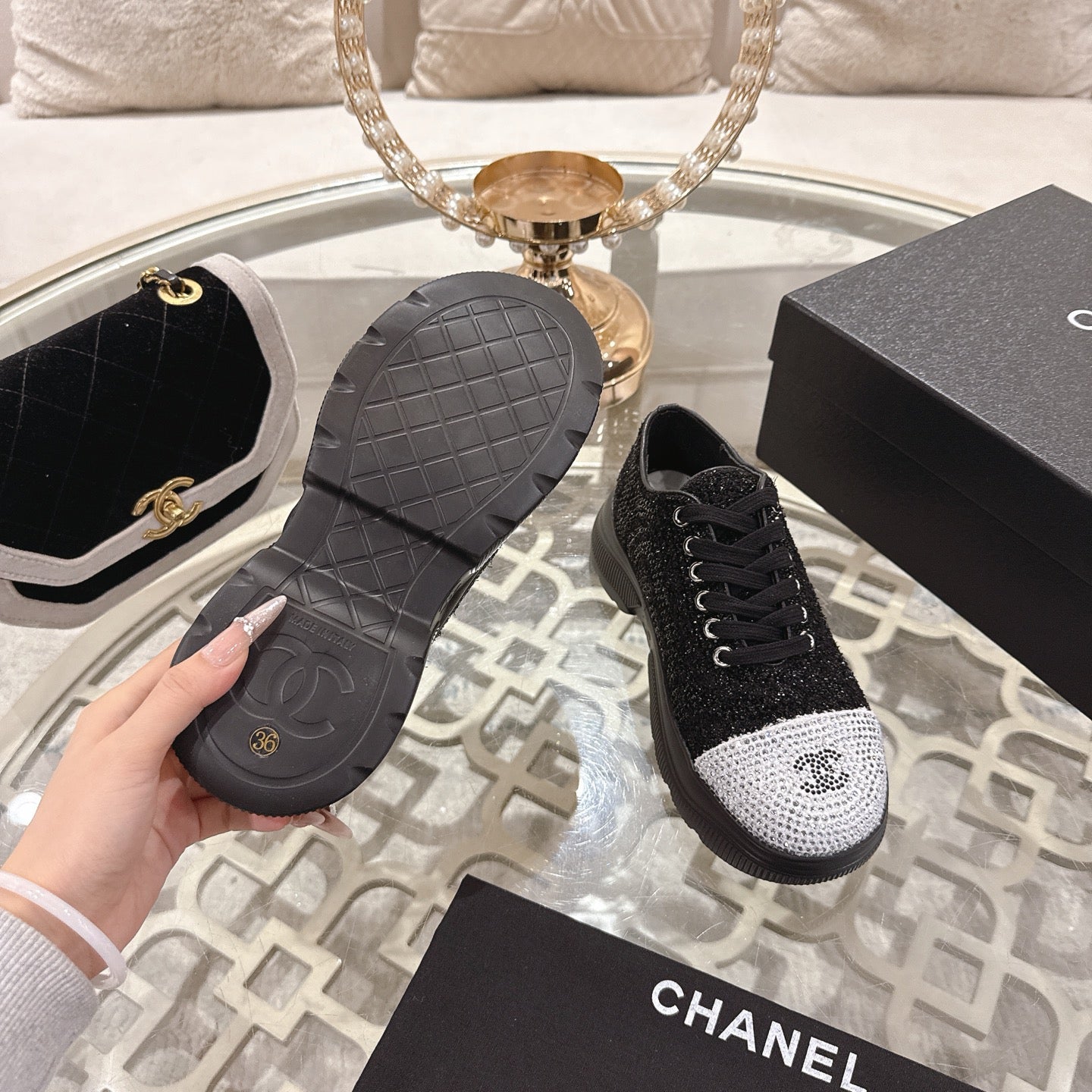 CC 26s Platform Sneakers Black Gray Rhinestone Sheepskin 627059