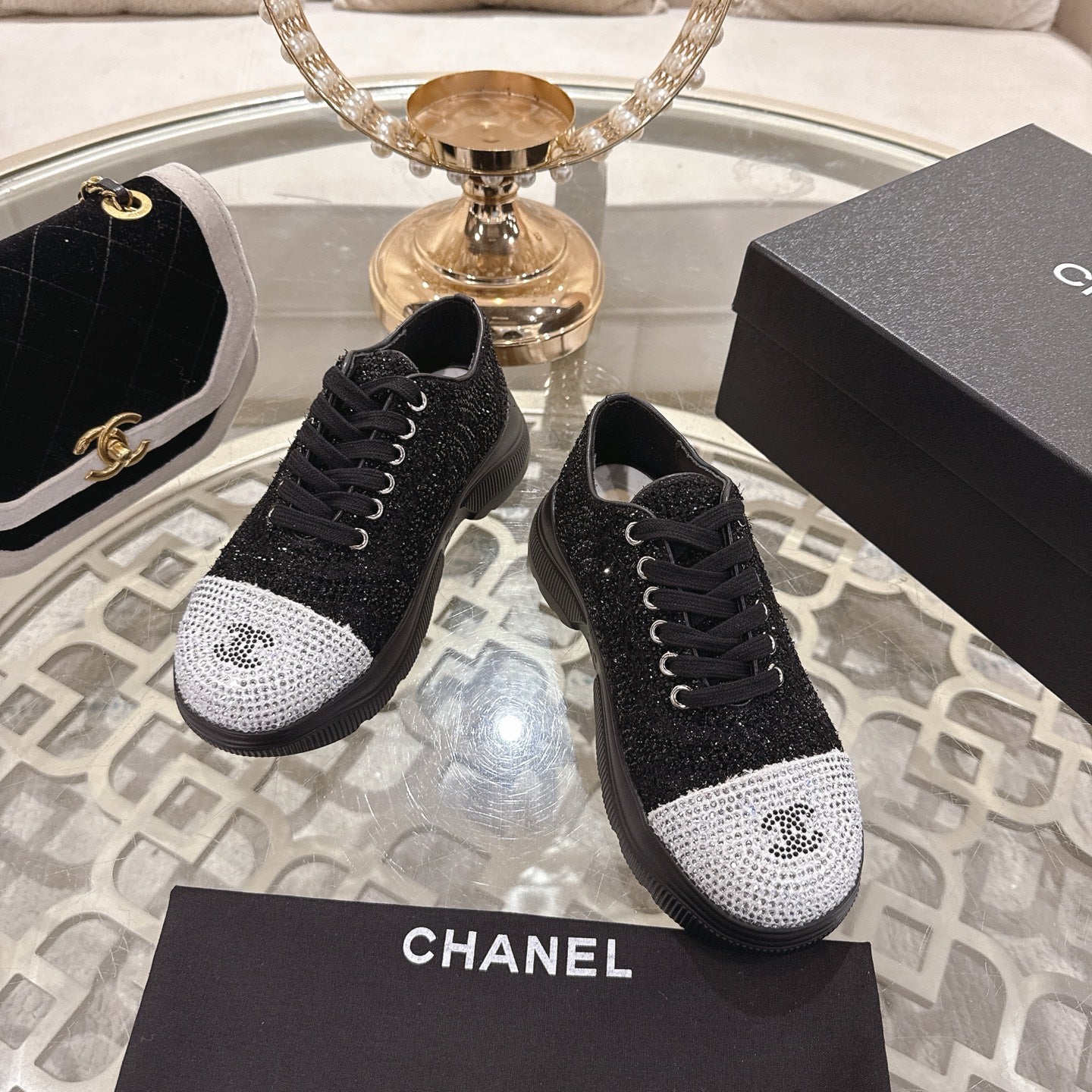 CC 26s Platform Sneakers Black Gray Rhinestone Sheepskin 627059