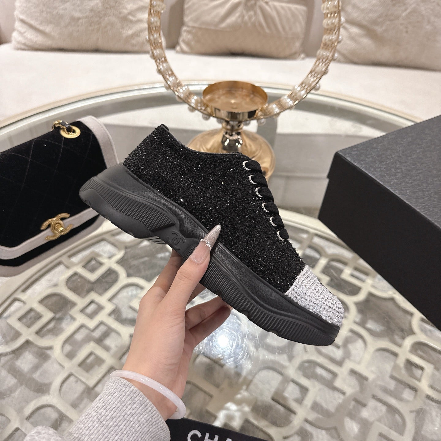 CC 26s Platform Sneakers Black Gray Rhinestone Sheepskin 627059