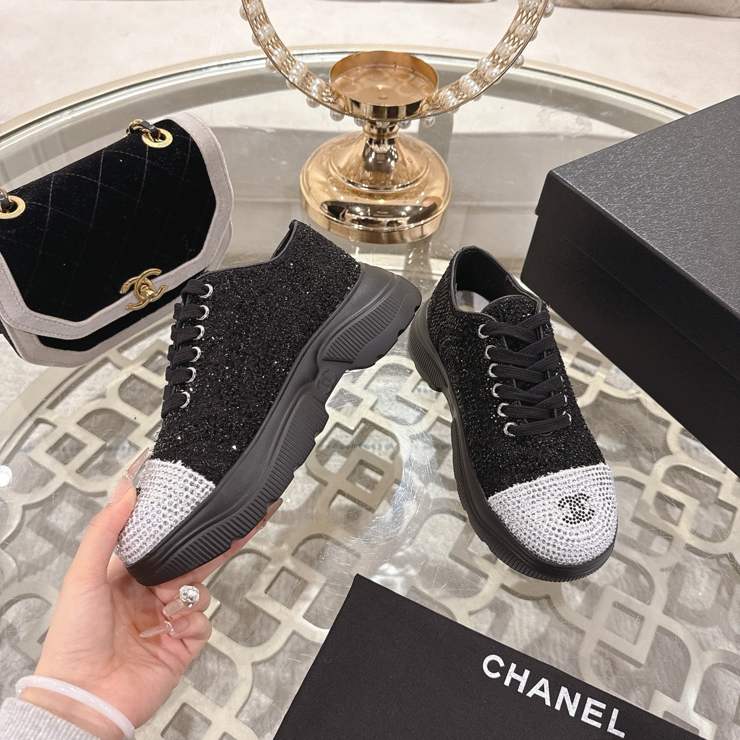 CC 26s Platform Sneakers Black Gray Rhinestone Sheepskin 627059