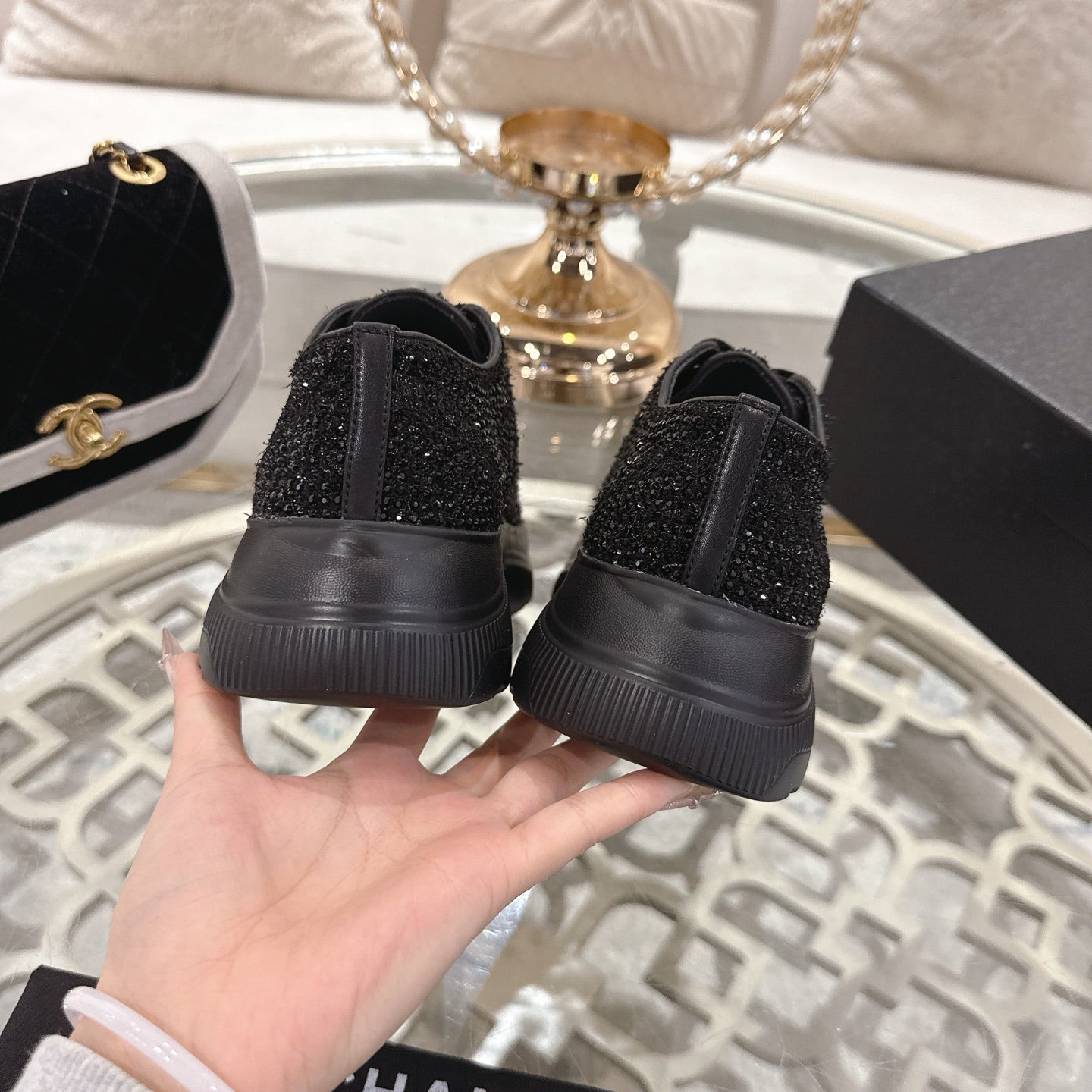 CC 26s Platform Sneakers Black Gray Rhinestone Sheepskin 627059