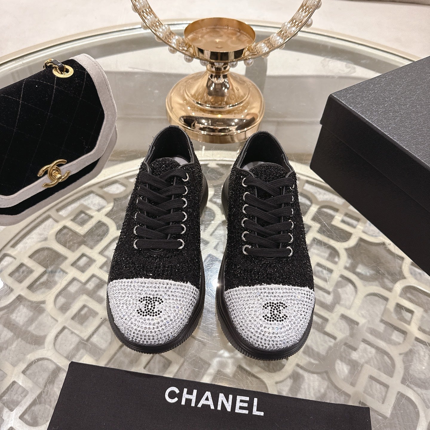 CC 26s Platform Sneakers Black Gray Rhinestone Sheepskin 627059