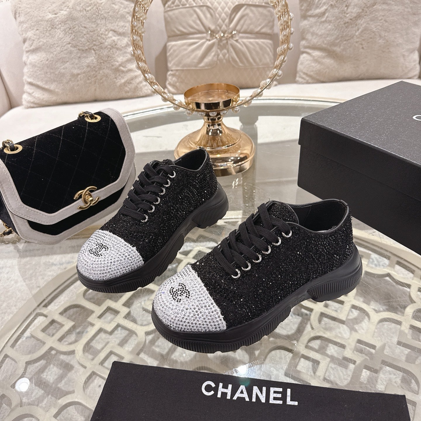 CC 26s Platform Sneakers Black Gray Rhinestone Sheepskin 627059