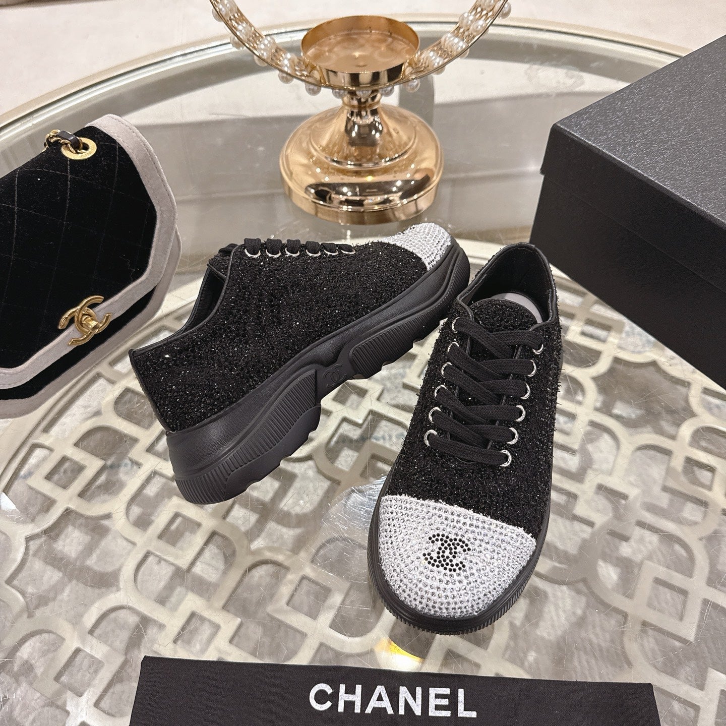 CC 26s Platform Sneakers Black Gray Rhinestone Sheepskin 627059