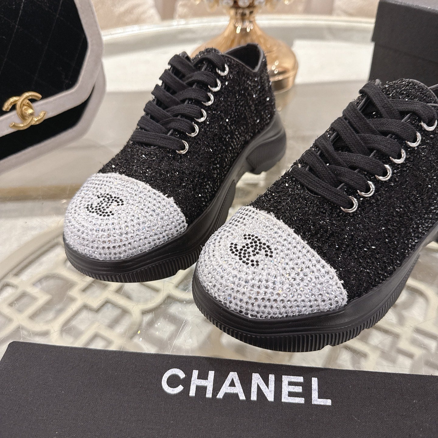 CC 26s Platform Sneakers Black Gray Rhinestone Sheepskin 627059