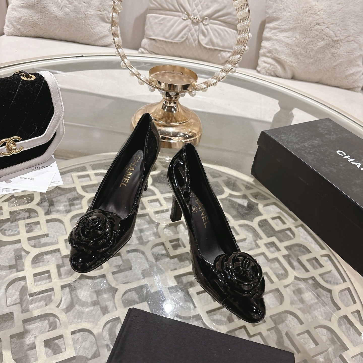 CC 26s High Heels Pump 85 Beige Black Patent Leather 627006