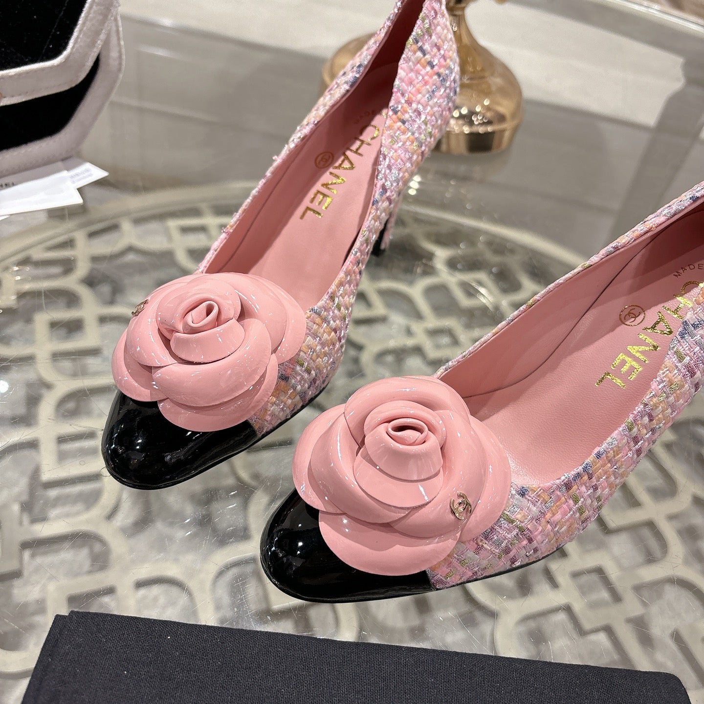 CC 26s High Heels Pump 85 Pink Black Wool Fabric 627017