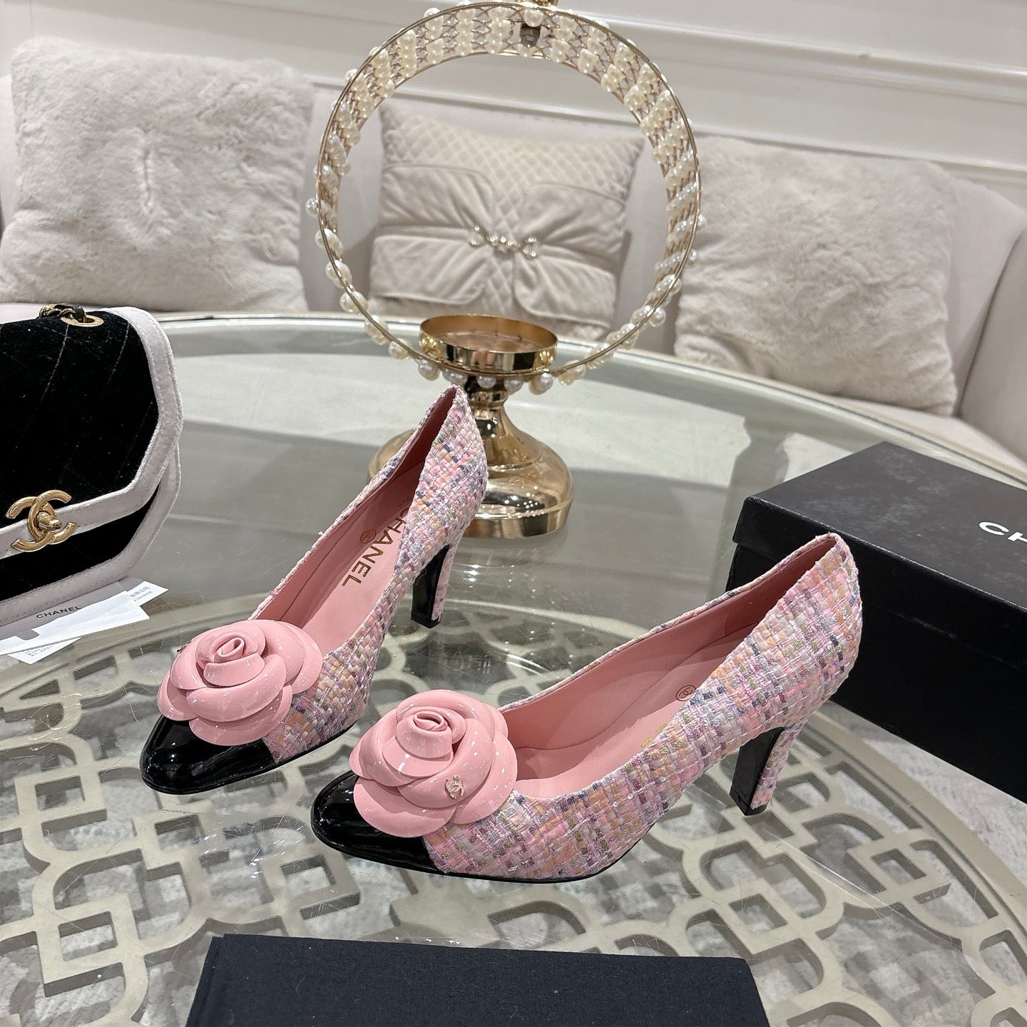 CC 26s High Heels Pump 85 Pink Black Wool Fabric 627017