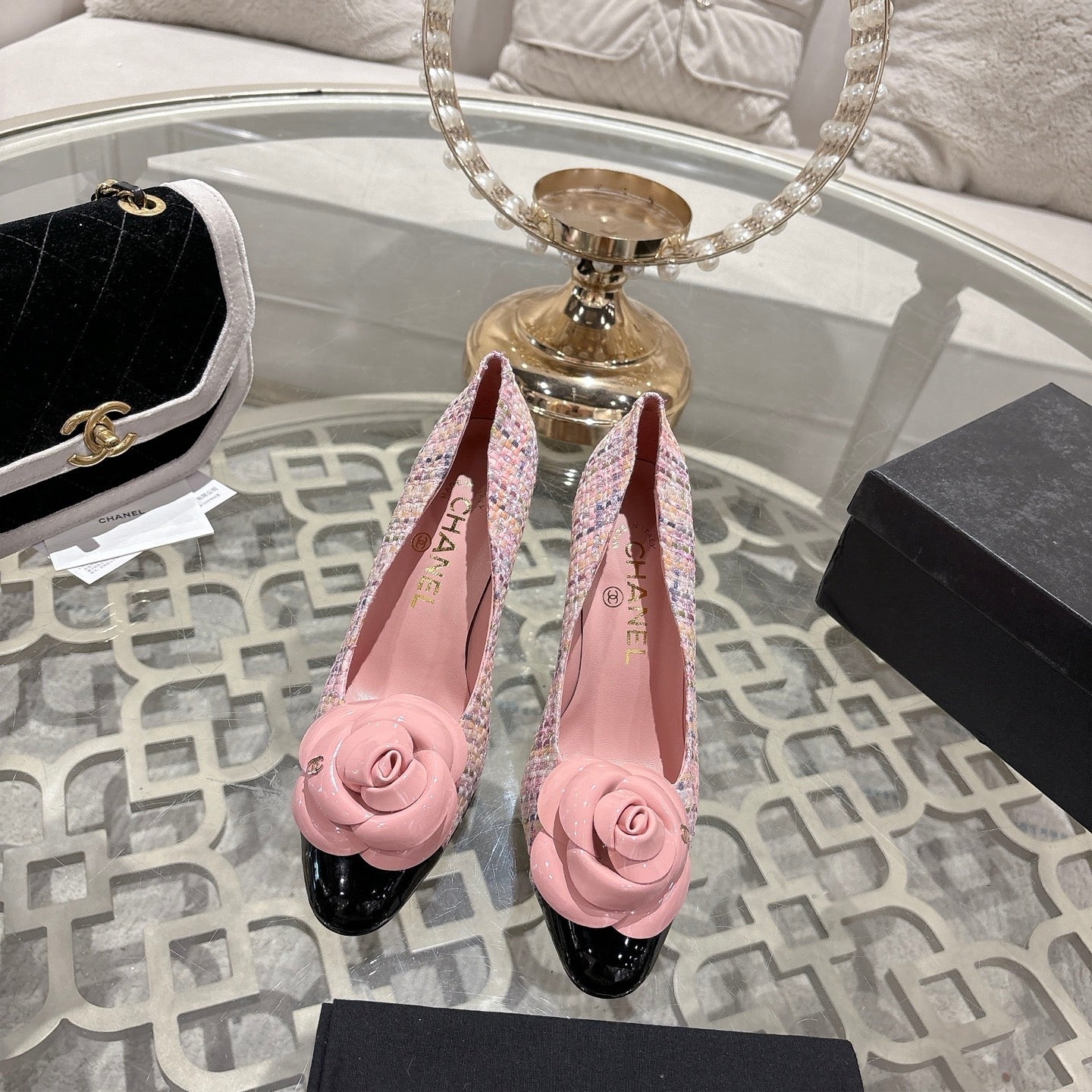 CC 26s High Heels Pump 85 Pink Black Wool Fabric 627017