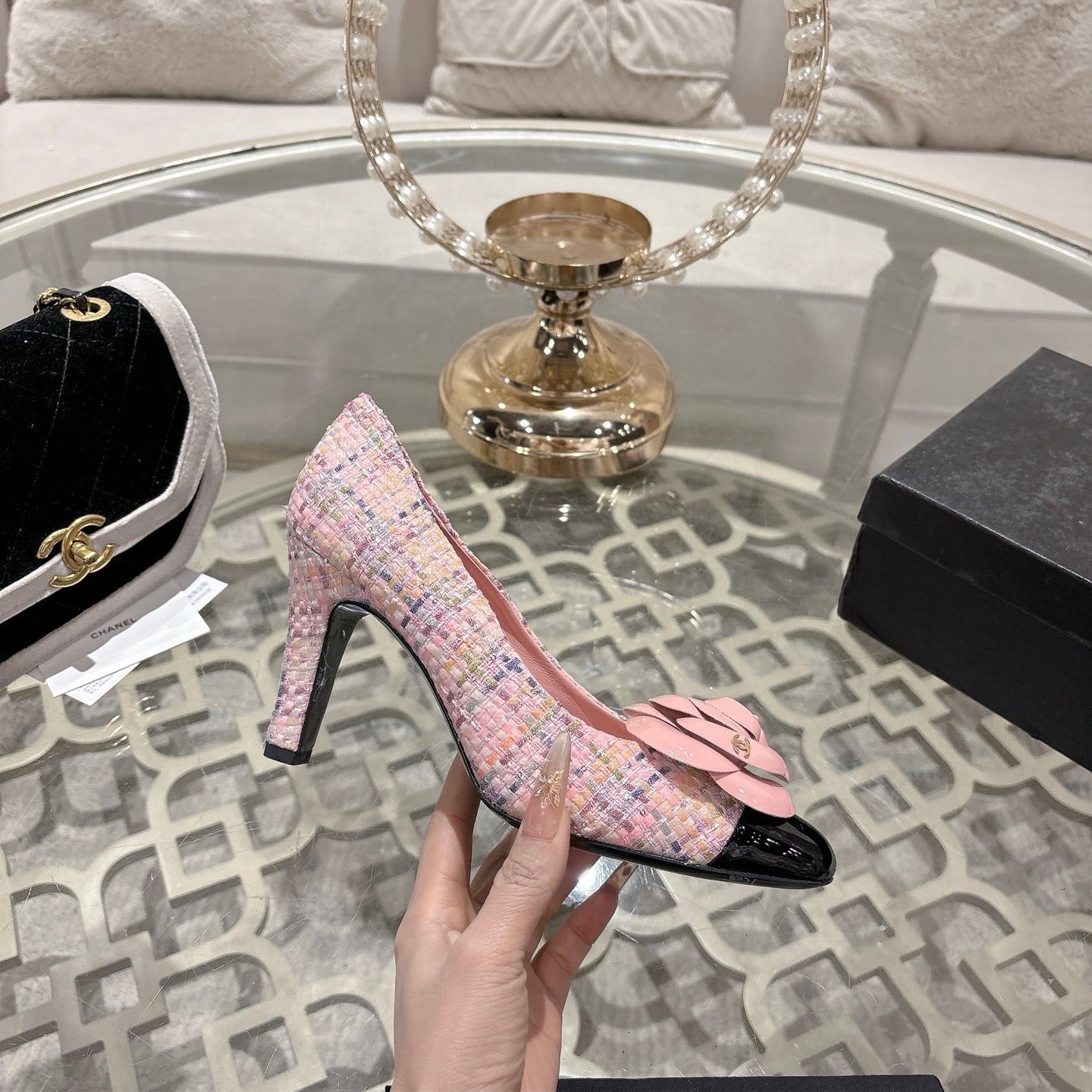 CC 26s High Heels Pump 85 Pink Black Wool Fabric 627017