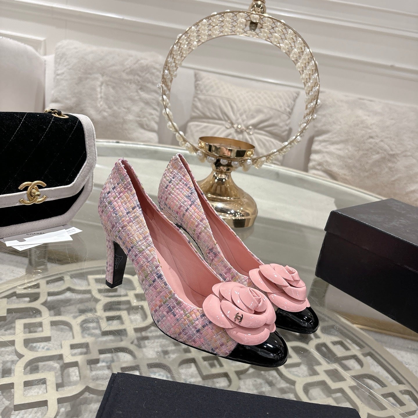 CC 26s High Heels Pump 85 Pink Black Wool Fabric 627017