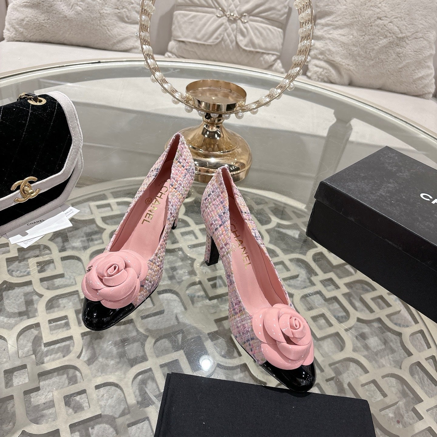 CC 26s High Heels Pump 85 Pink Black Wool Fabric 627017