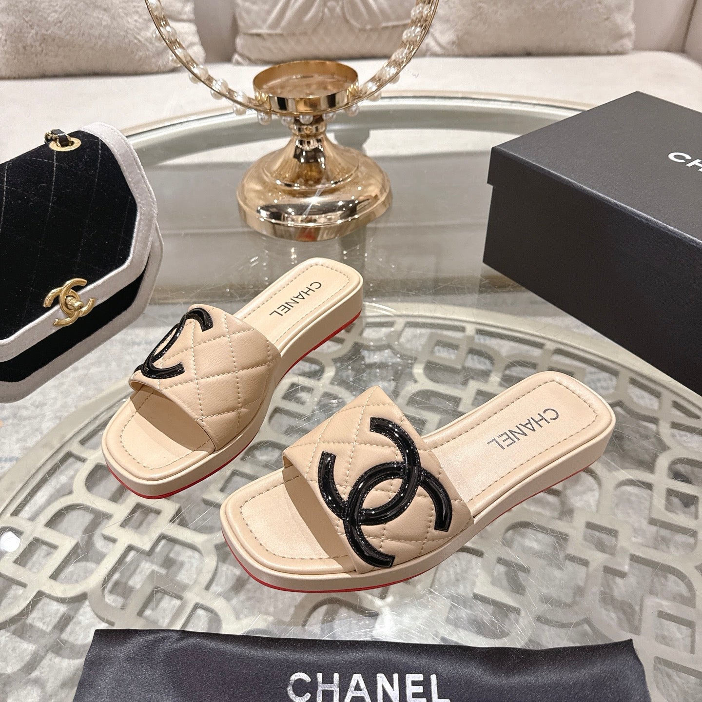 CC 26s Platform Slippers Beige Sheepskin 627070