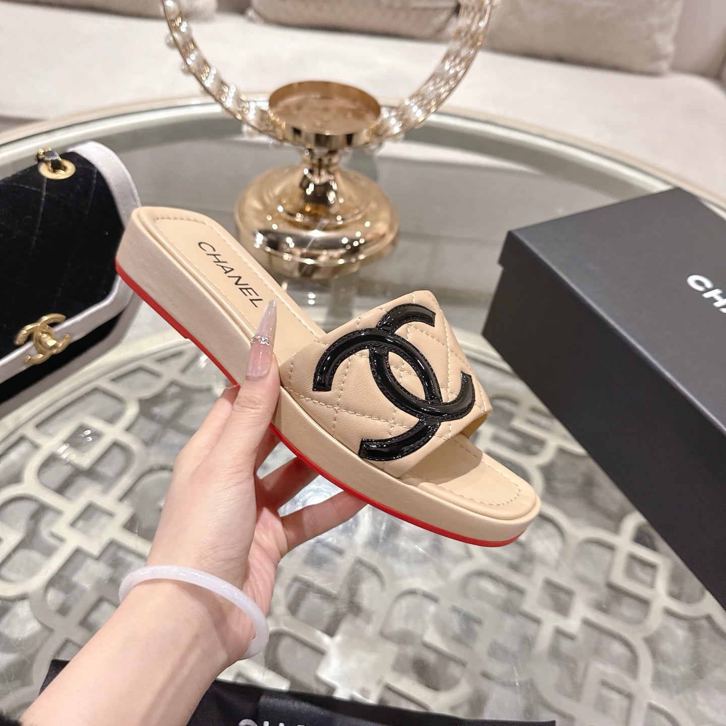 CC 26s Platform Slippers Beige Sheepskin 627070