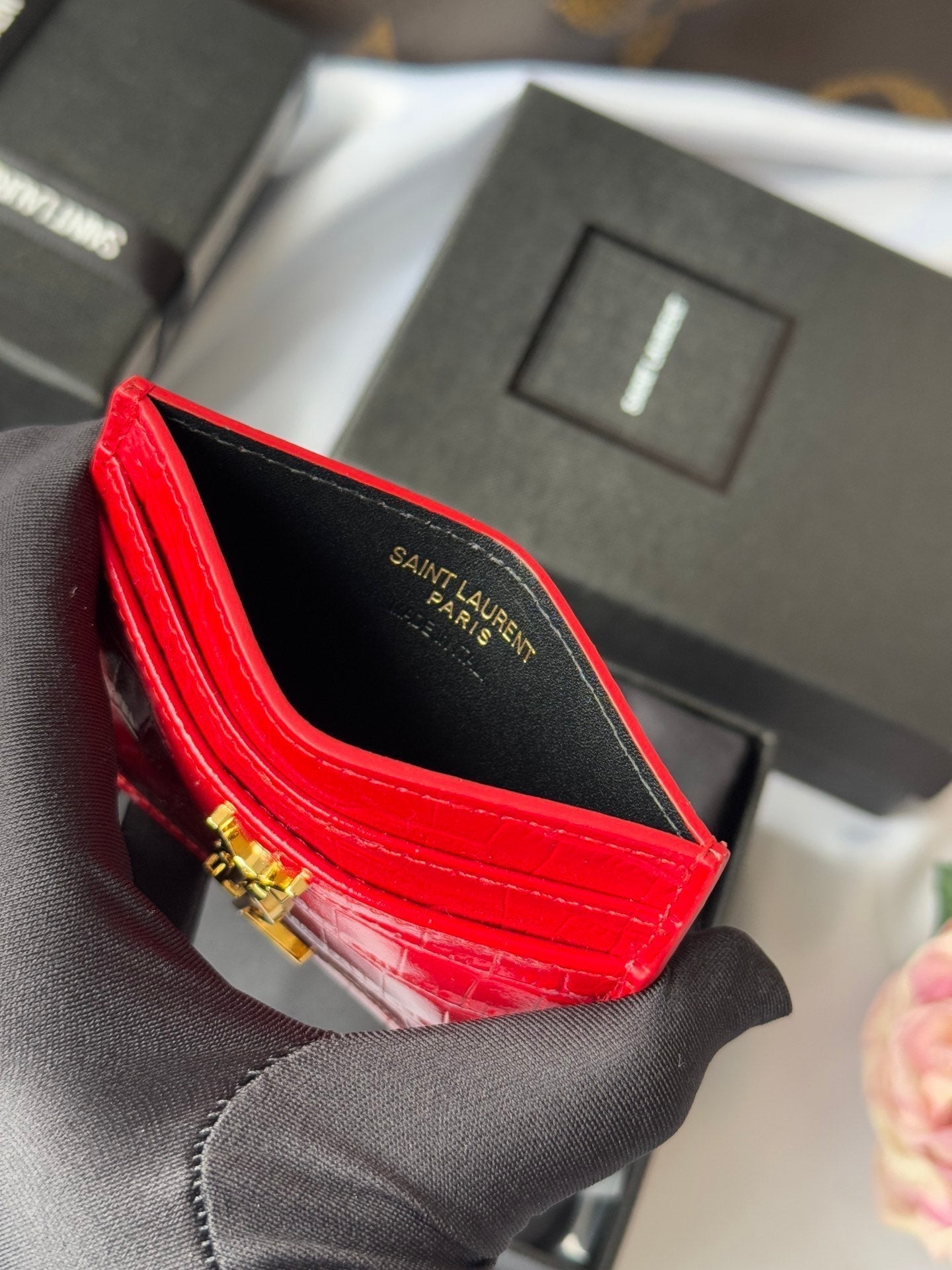YSL Card Holder 10cm Wallet Red Gold Leather 240563