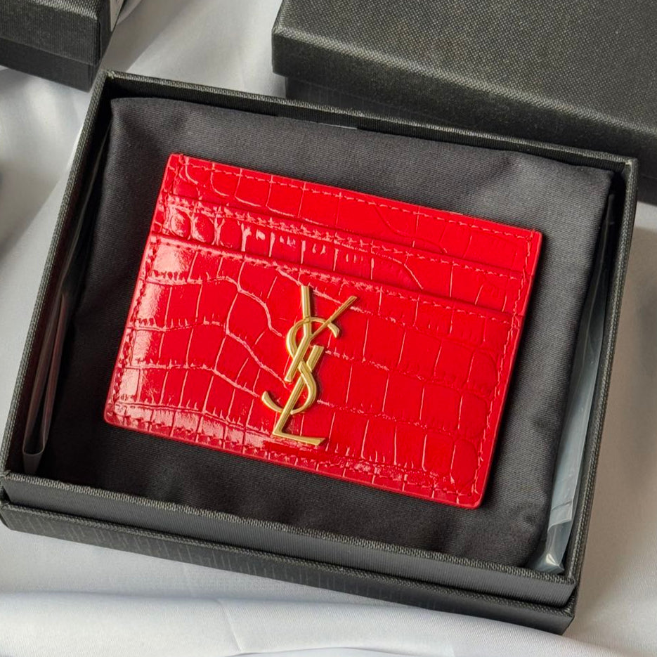 YSL Card Holder 10cm Wallet Red Gold Leather 240563