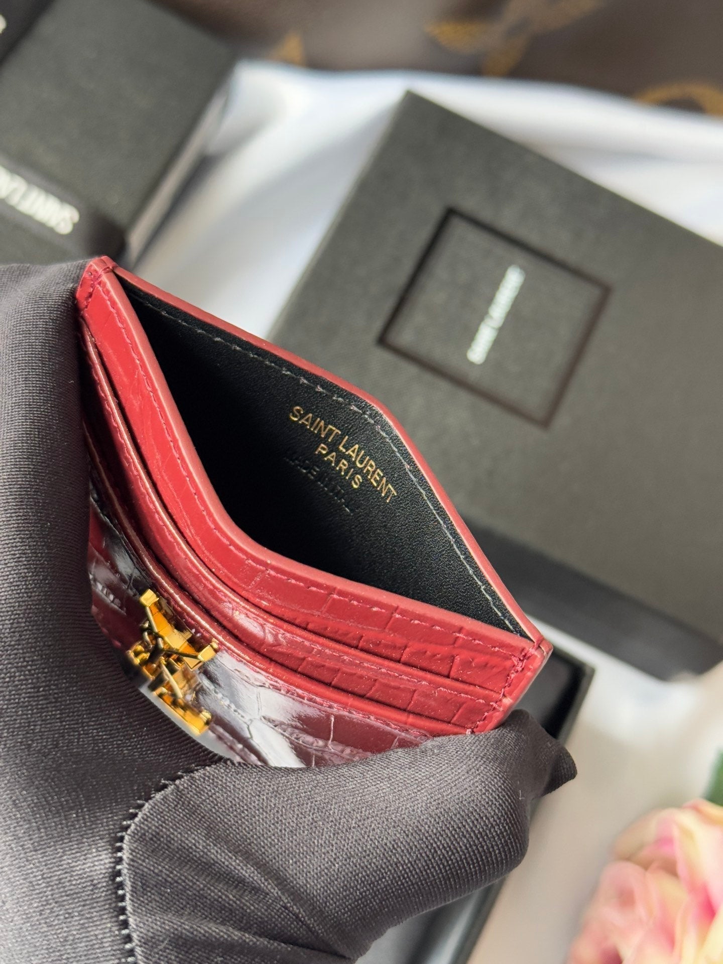 YSL Card Holder 10cm Wallet Burgundy Gold Leather 240559