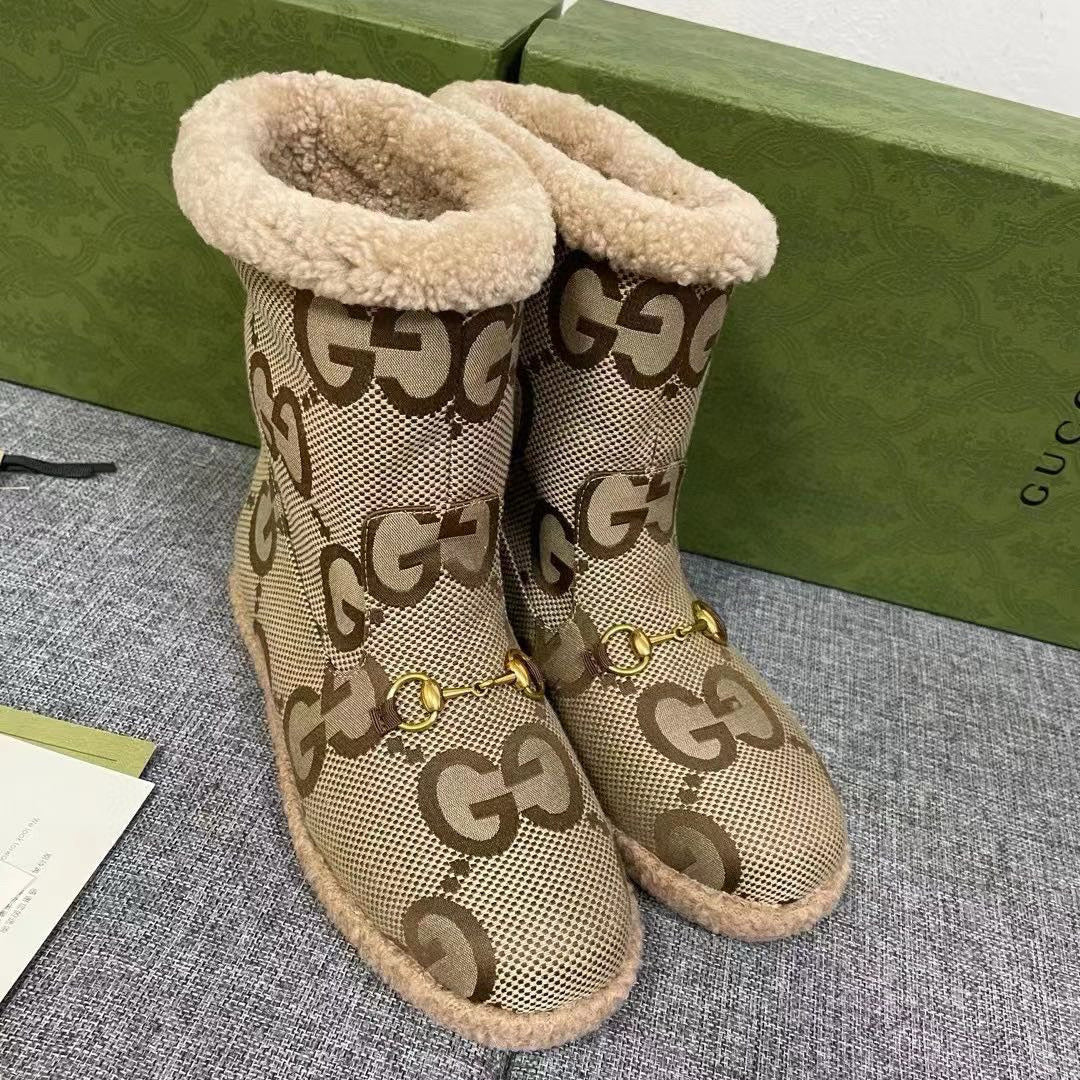 GG Horsebit Snow Boots Beige Woolen Fabric Fleece 576253